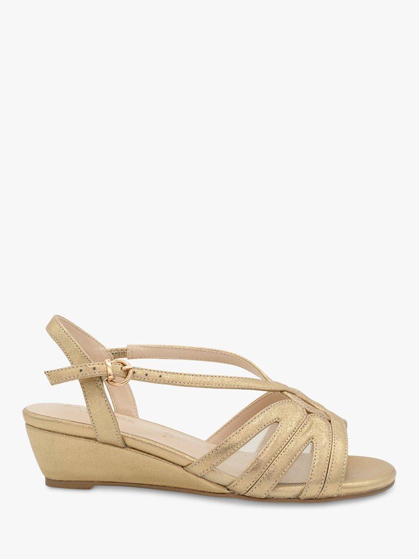 Paradox London Julia Wide Fit Shimmer Mid Heel Wedge Sandals Gold