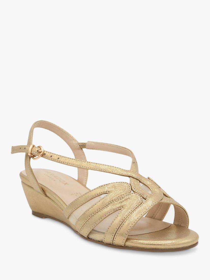 Product image 3 of 5, which shows Paradox London Julia Wide Fit Shimmer Mid Heel Wedge Sandals, Gold, 3W