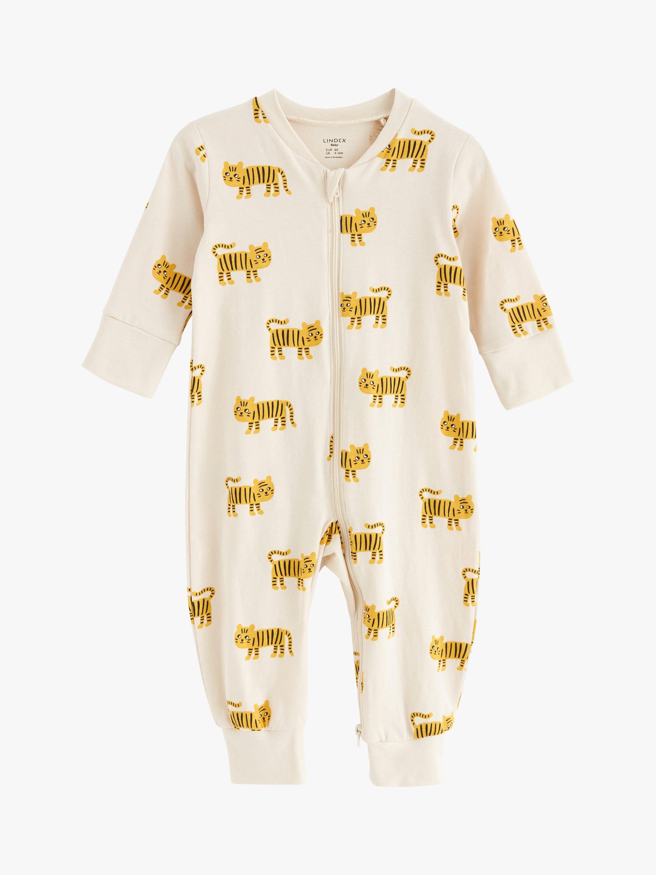 Product image 1 of 2, which shows Lindex Baby Organic Cotton Tiger Print Sleepsuit, Light Beige, 2-4M
