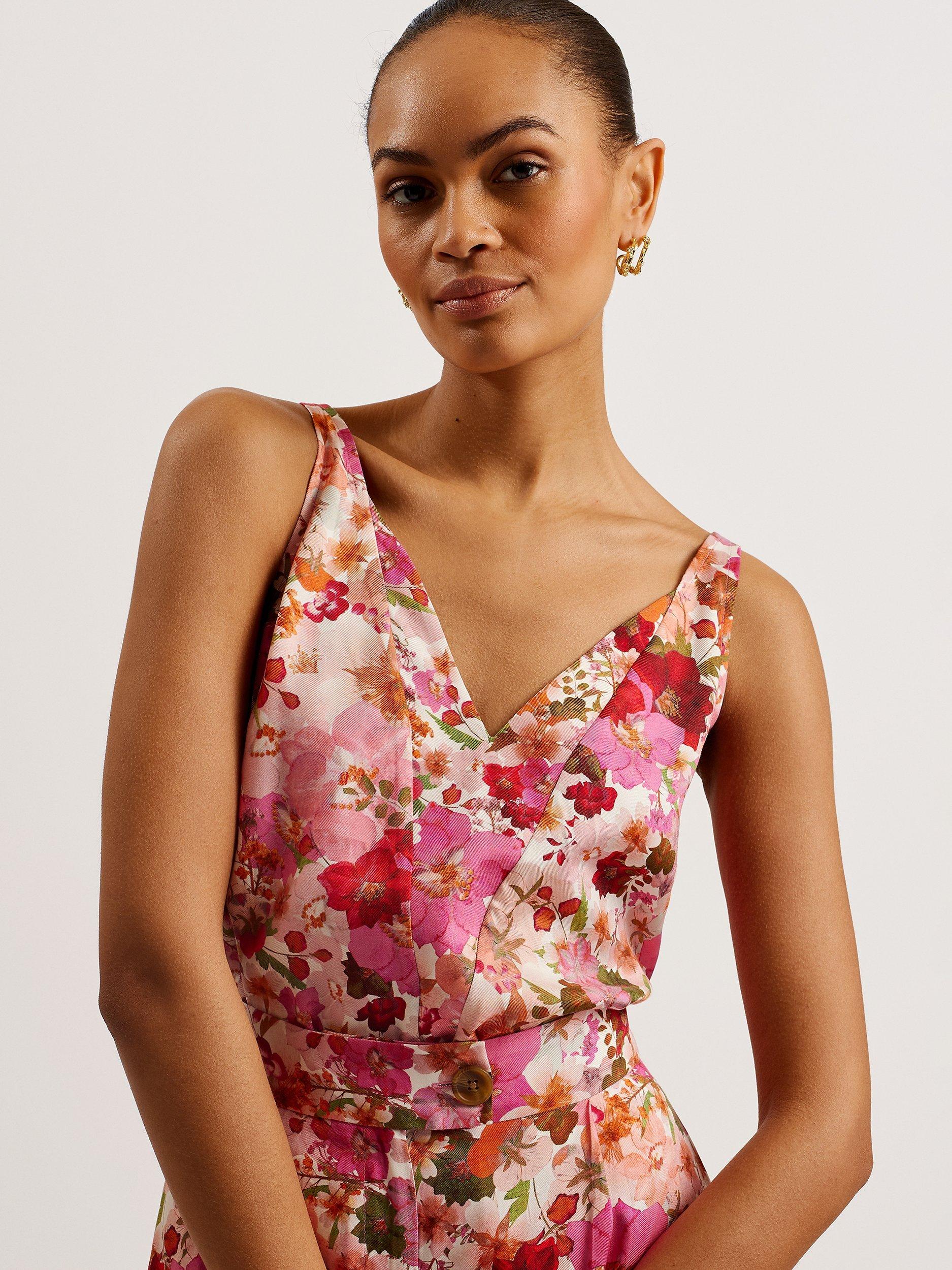 Ted Baker Sorapia Floral Print V-Neck Top, Pink/Multi