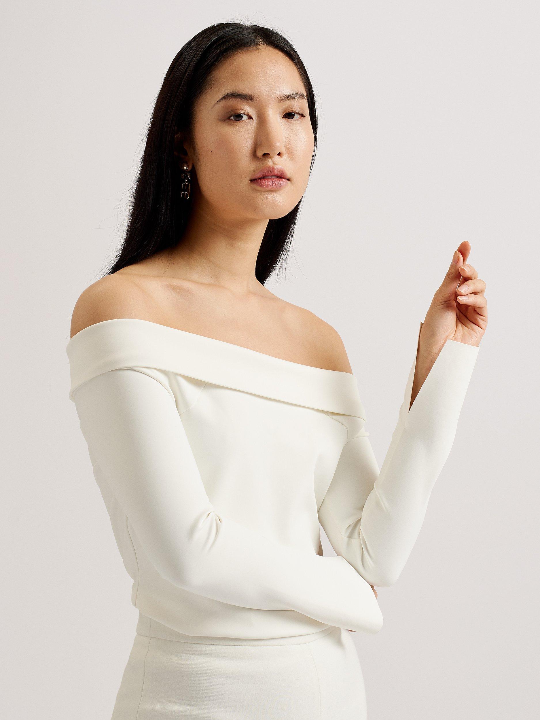 Ted Baker Phollyy Long Split Sleeve Bardot Top, Natural Ivory