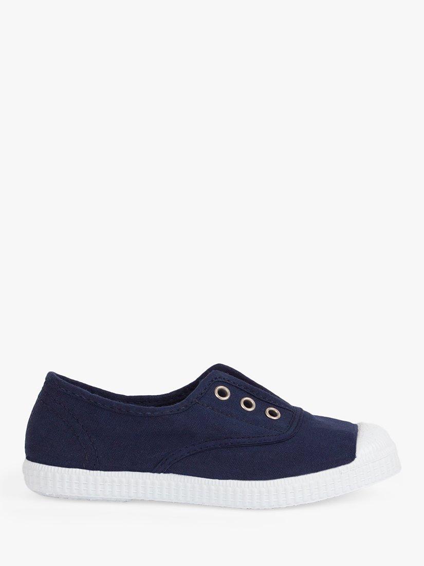 Product image 1 of 3, which shows Trotters Kids' Hampton Plum Canvas Plimsolls, Navy, 1