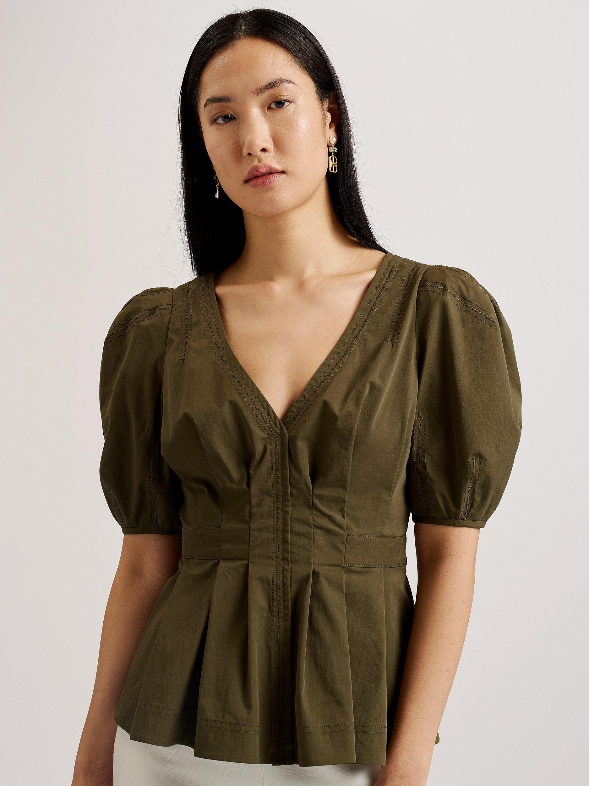 Ted Baker Burdur Stitch Detail Puff Sleeve Top, Khaki