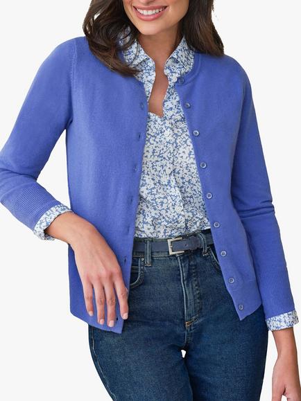 Pure Collection Crew Neck Cashmere Cardigan, Wedgewood Blue