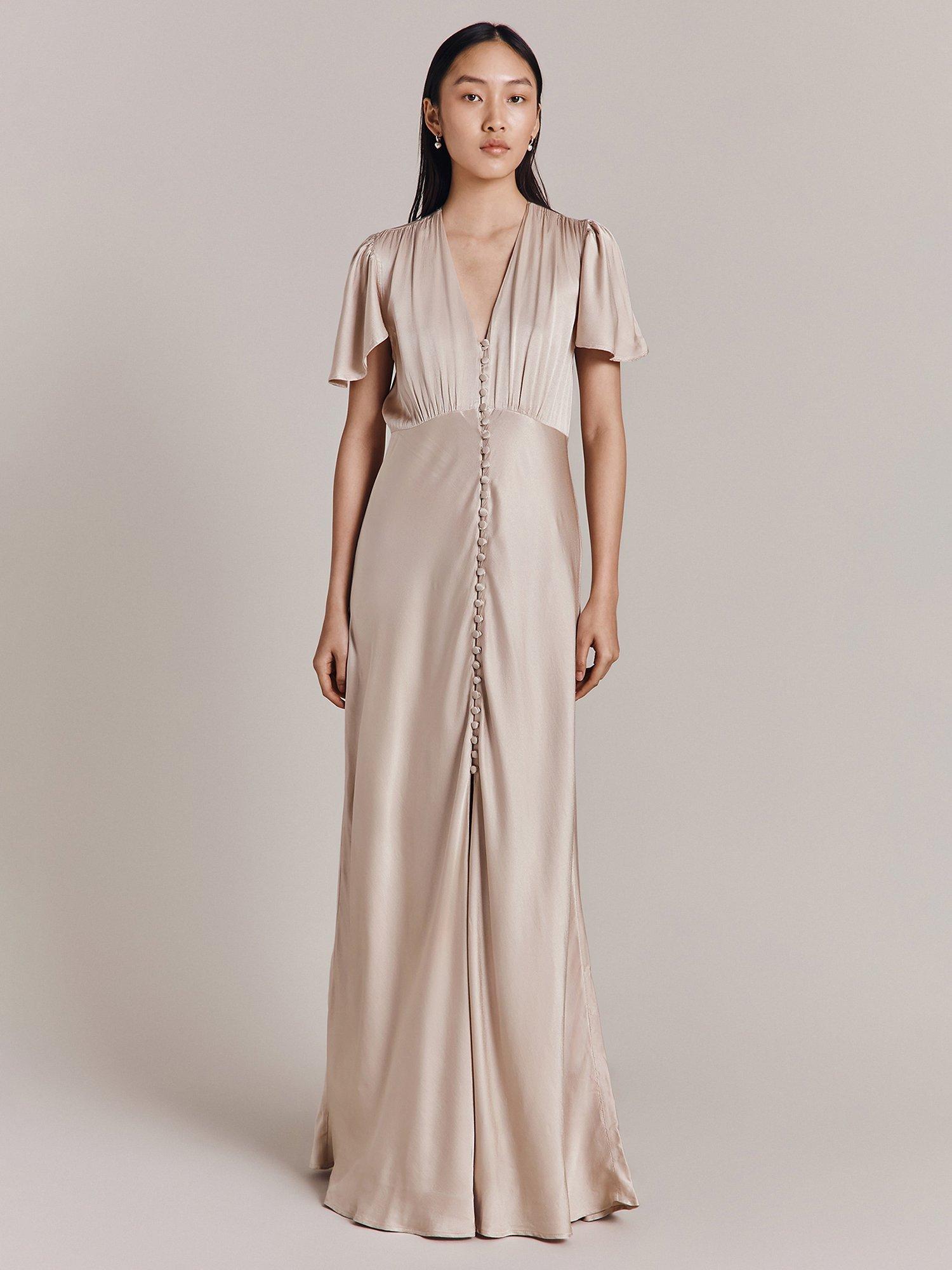 Product image 1 of 4, which shows Ghost Delphine Bias Cut Satin Maxi Dress, Beige, M