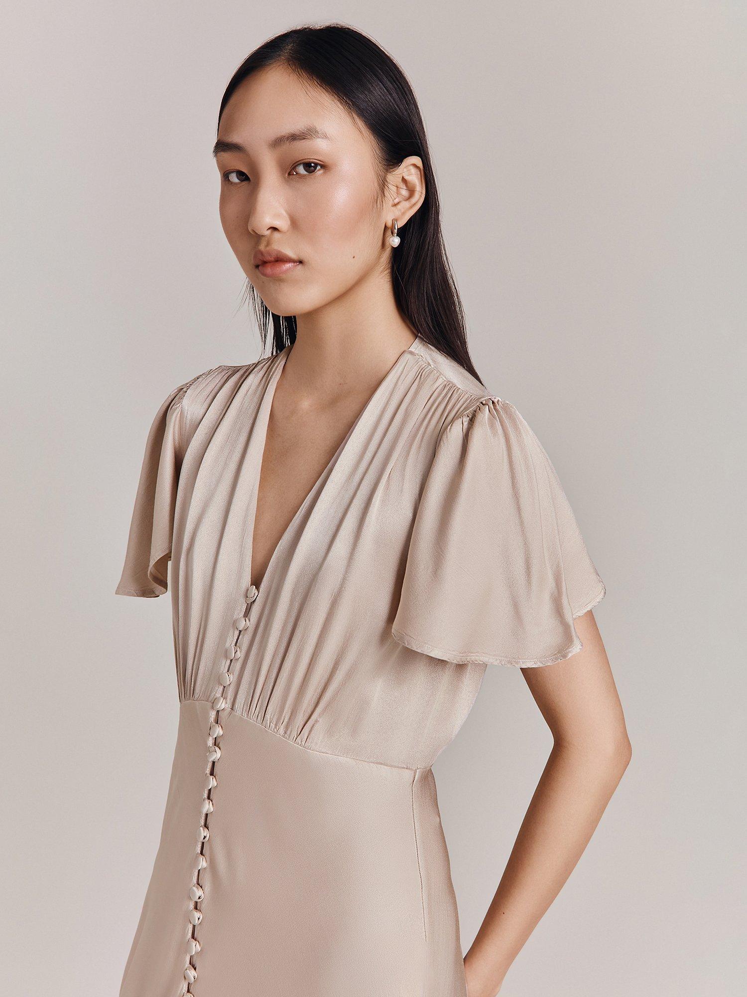 Product image 4 of 4, which shows Ghost Delphine Bias Cut Satin Maxi Dress, Beige, M