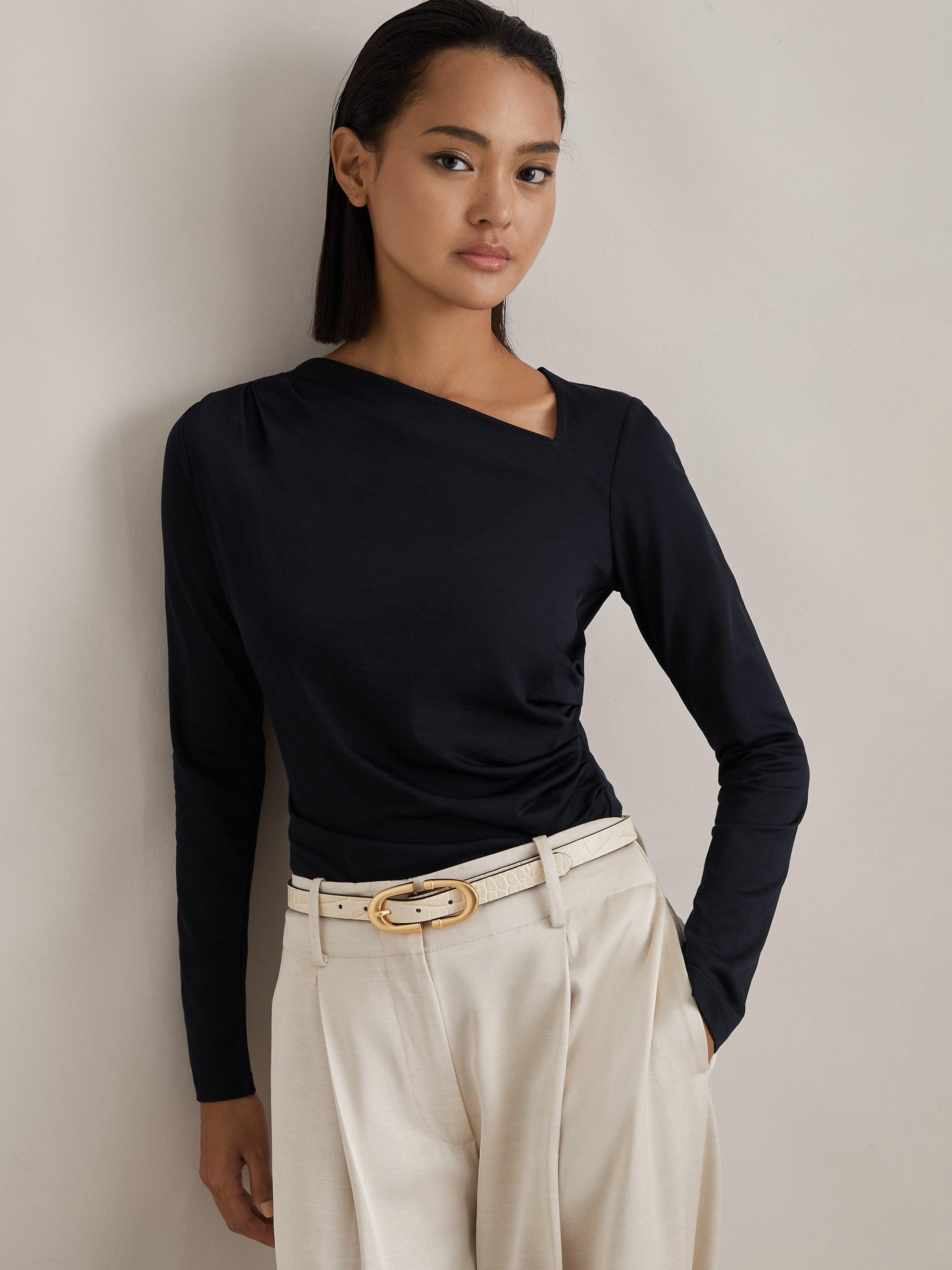Reiss Sandy Asymmetric Neck Ruched Top, Navy