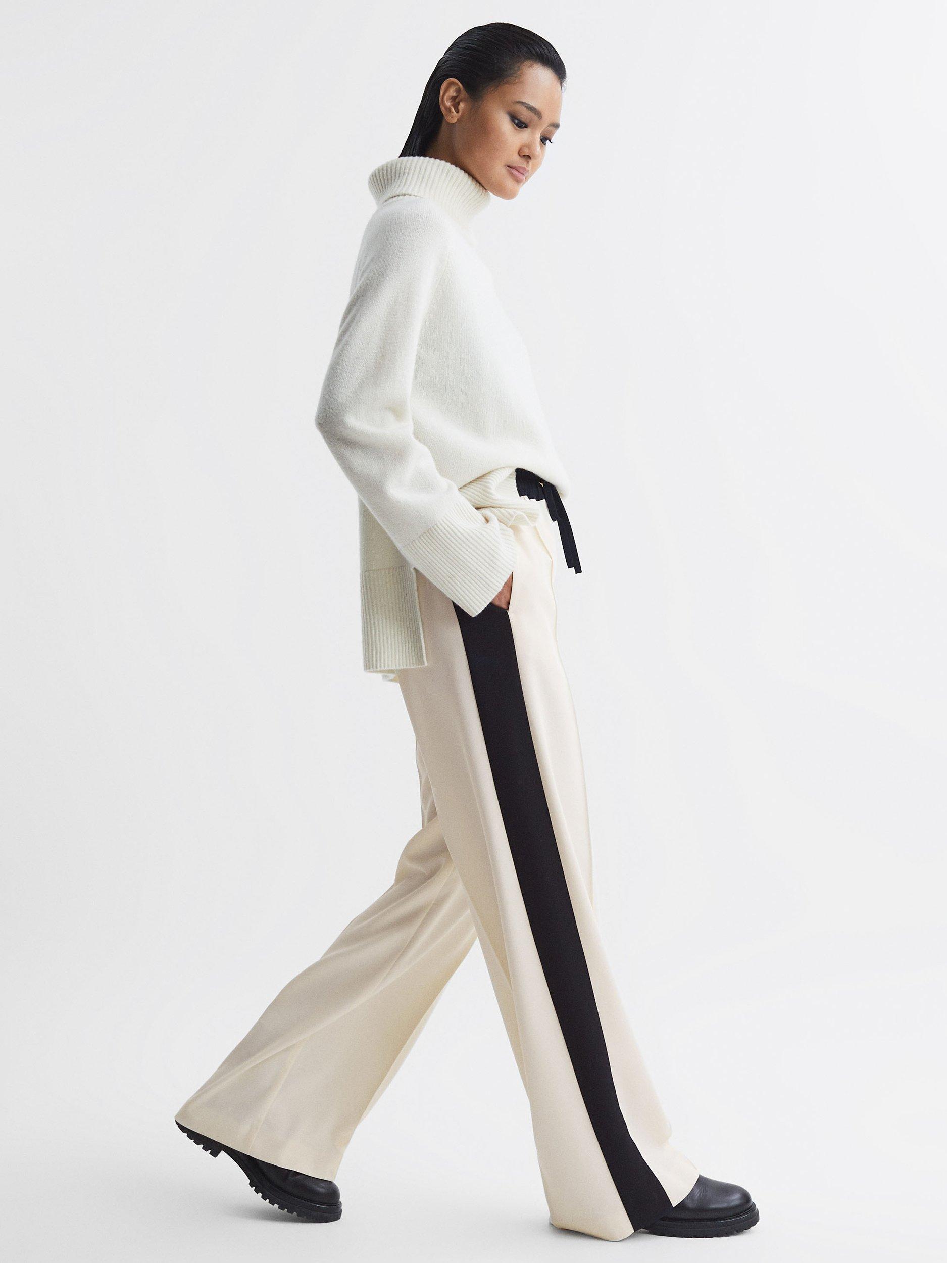 Reiss Petite May Side Stripe Wide Leg Trousers, Cream/Black