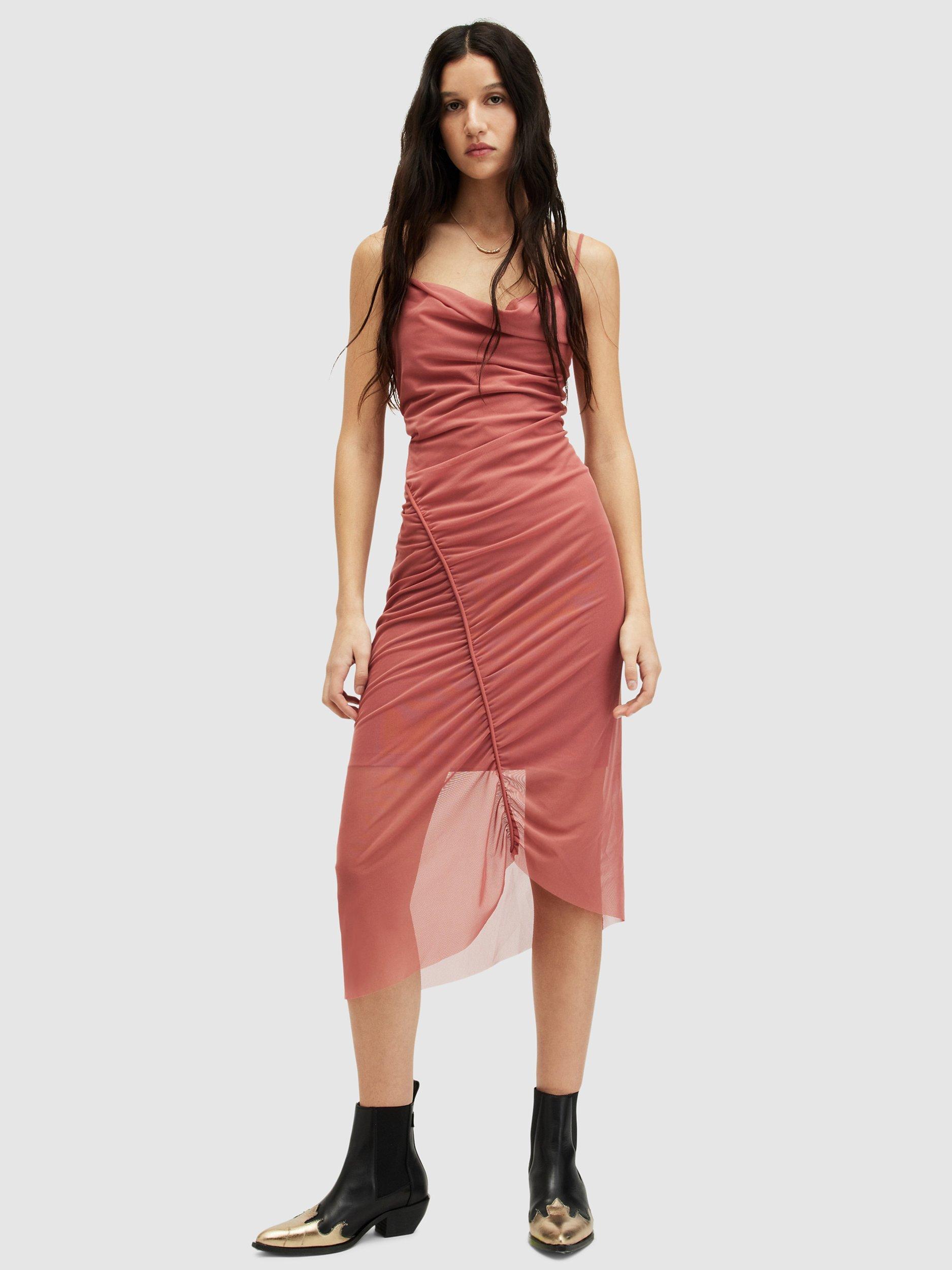 AllSaints Ulla Ruched Bodycon Midi Dress, Rich Pink