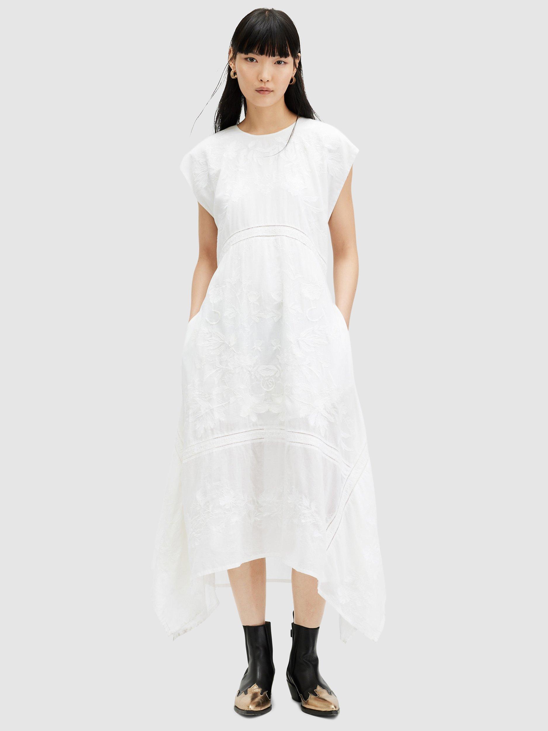 AllSaints Gianna Embroidered Midi Dress Off White