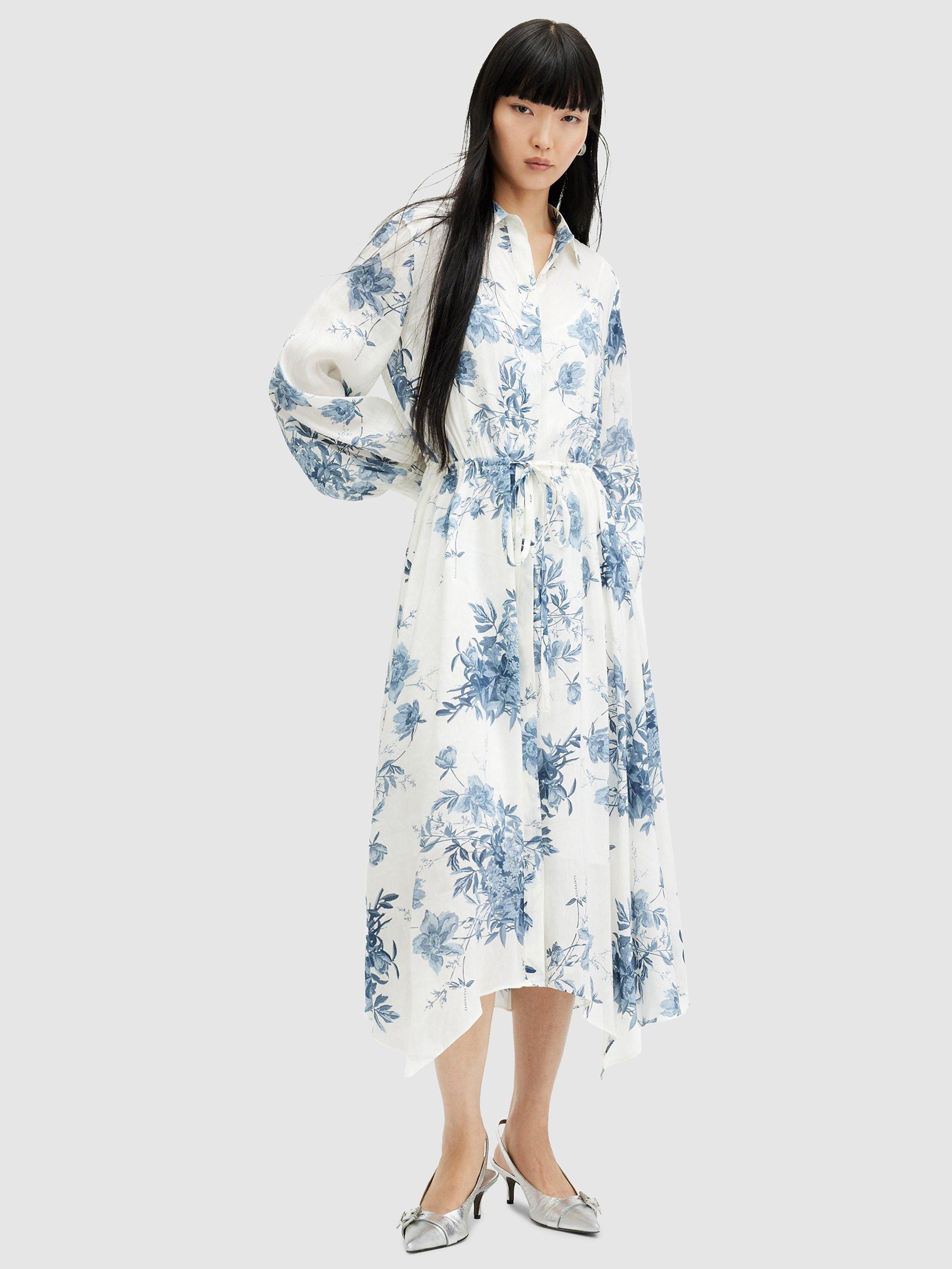 AllSaints Skye Dekorah Linen and Silk Blend Midi Dress, Denim Blue