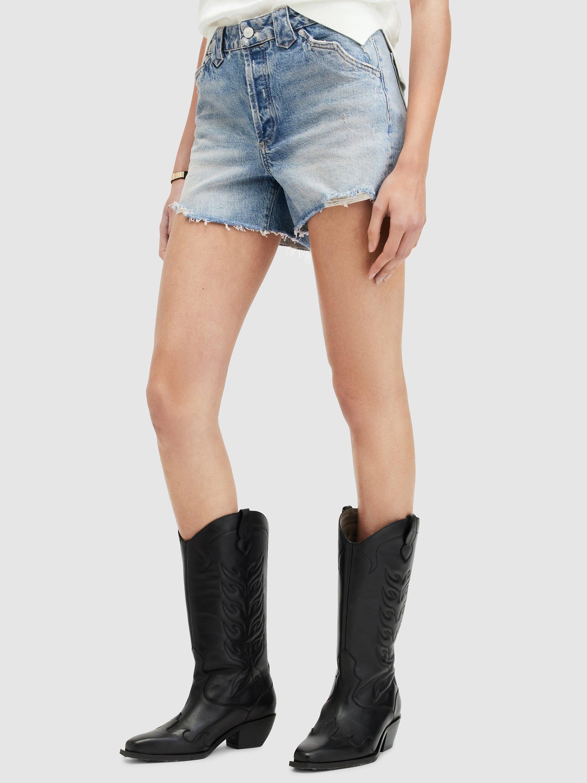 AllSaints Idaho Western Fray Hem Denim Shorts, Vintage Indigo