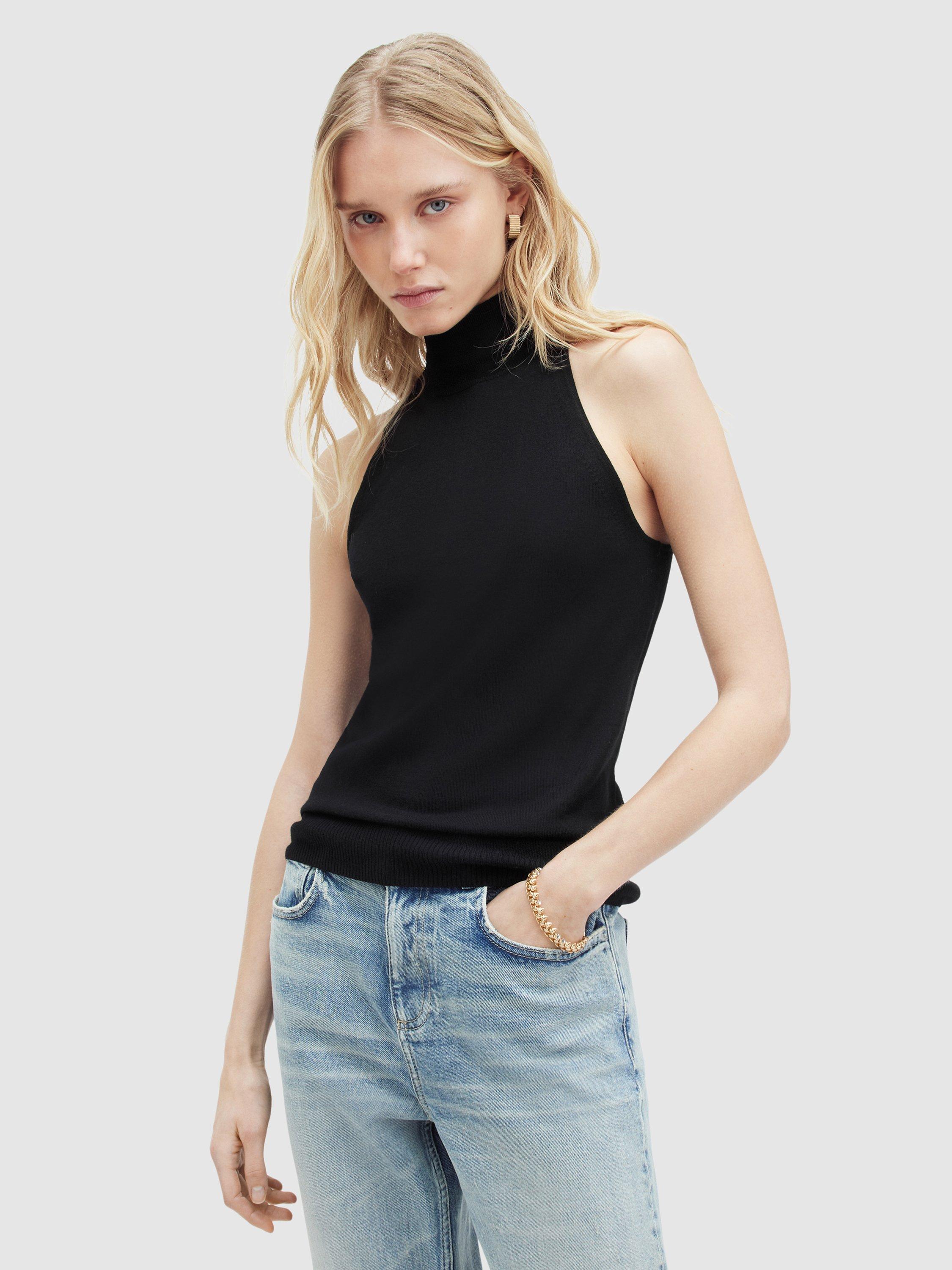 AllSaints Connie Merino Wool Funnel Neck Top, Black