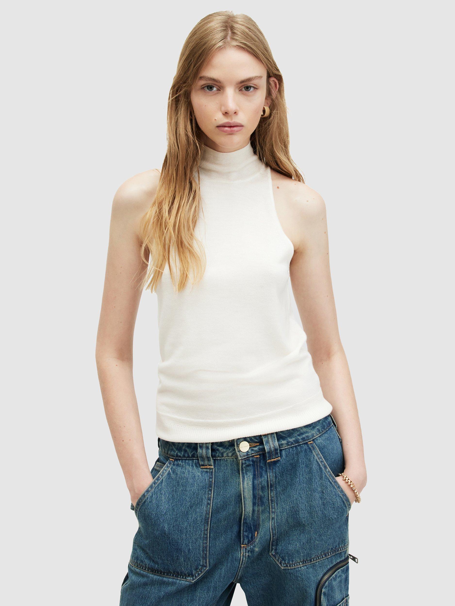 AllSaints Connie Merino Wool Funnel Neck Top, Chalk White