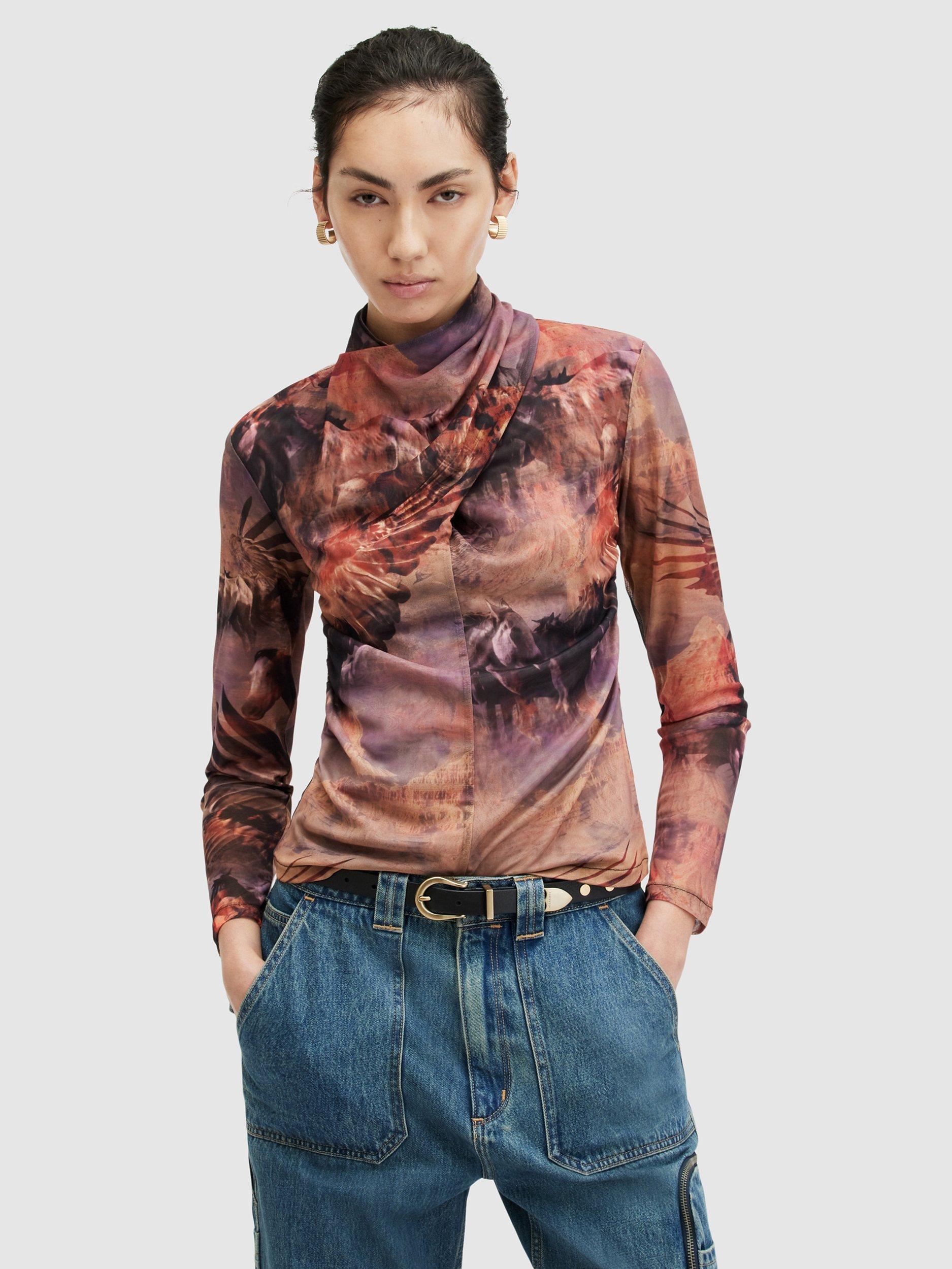 AllSaints Tia Colca Animal and Flower Print Blouse, Canyon Purple/Multi