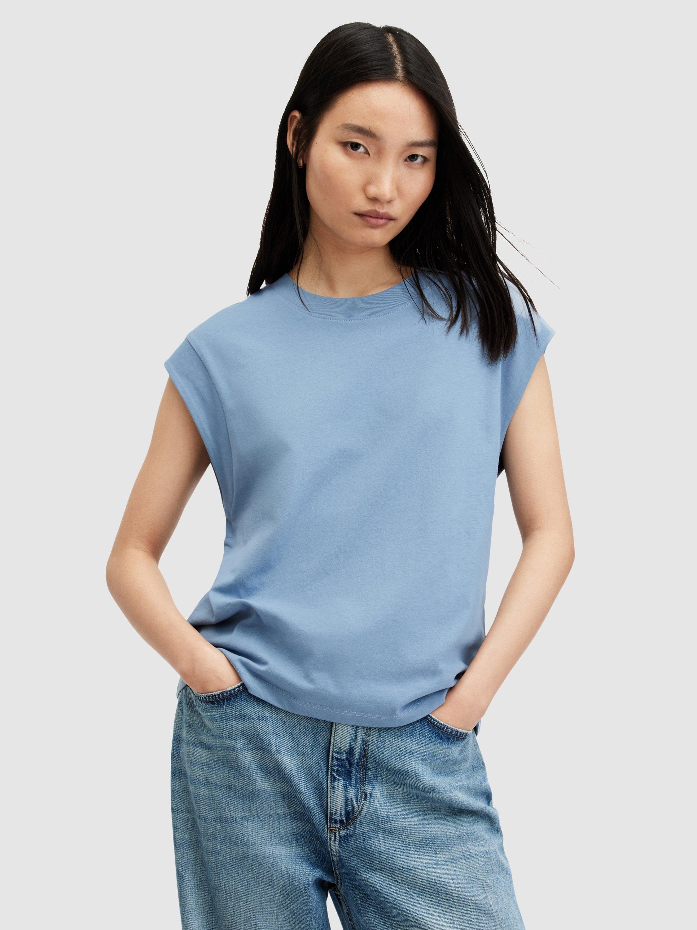 AllSaints Esme Cap Sleeve Organic Cotton T-Shirt, Denim Blue