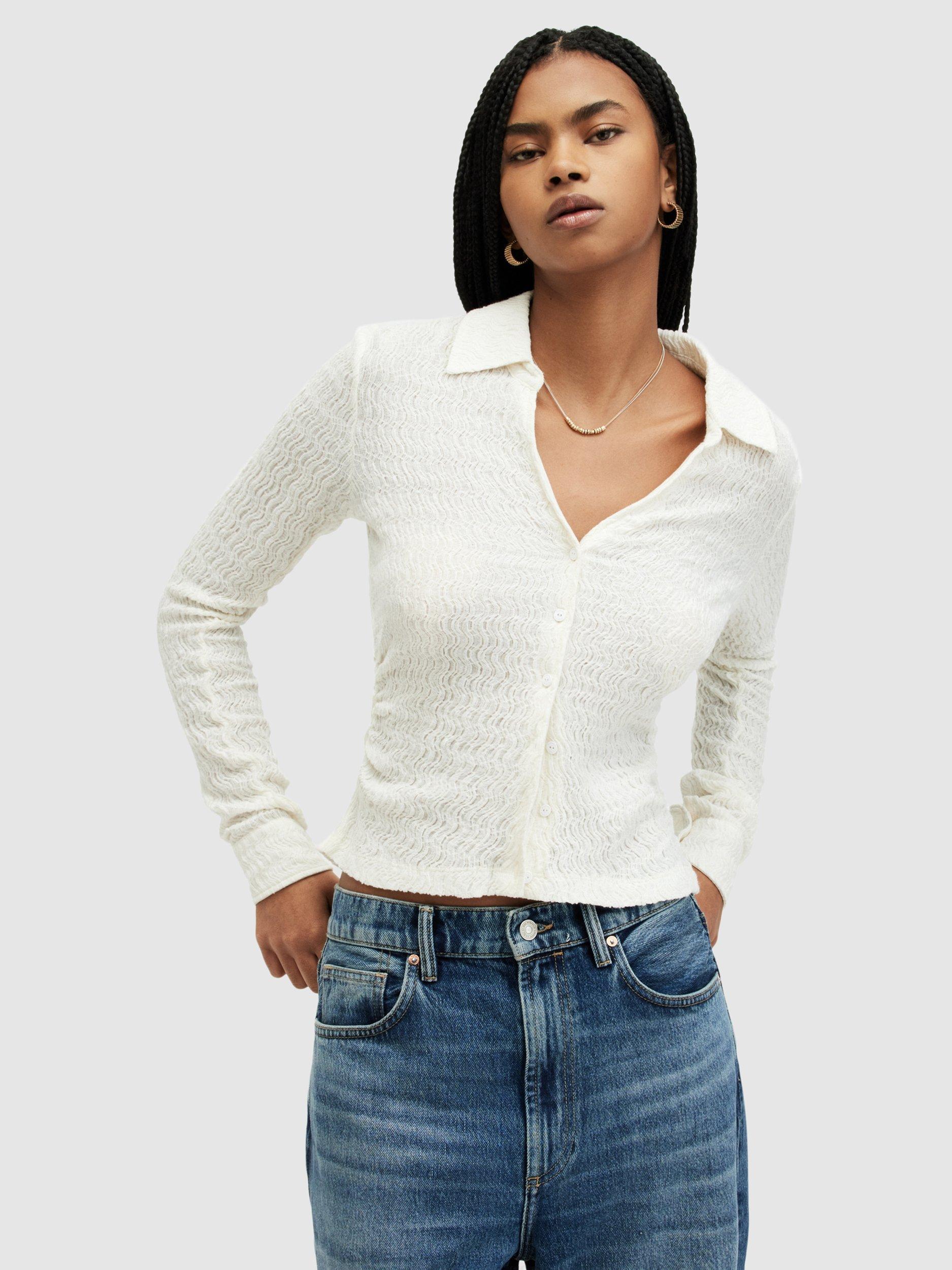 Product image 1 of 4, which shows AllSaints Connie Cotton Blend Shirt, Chalk White, 16