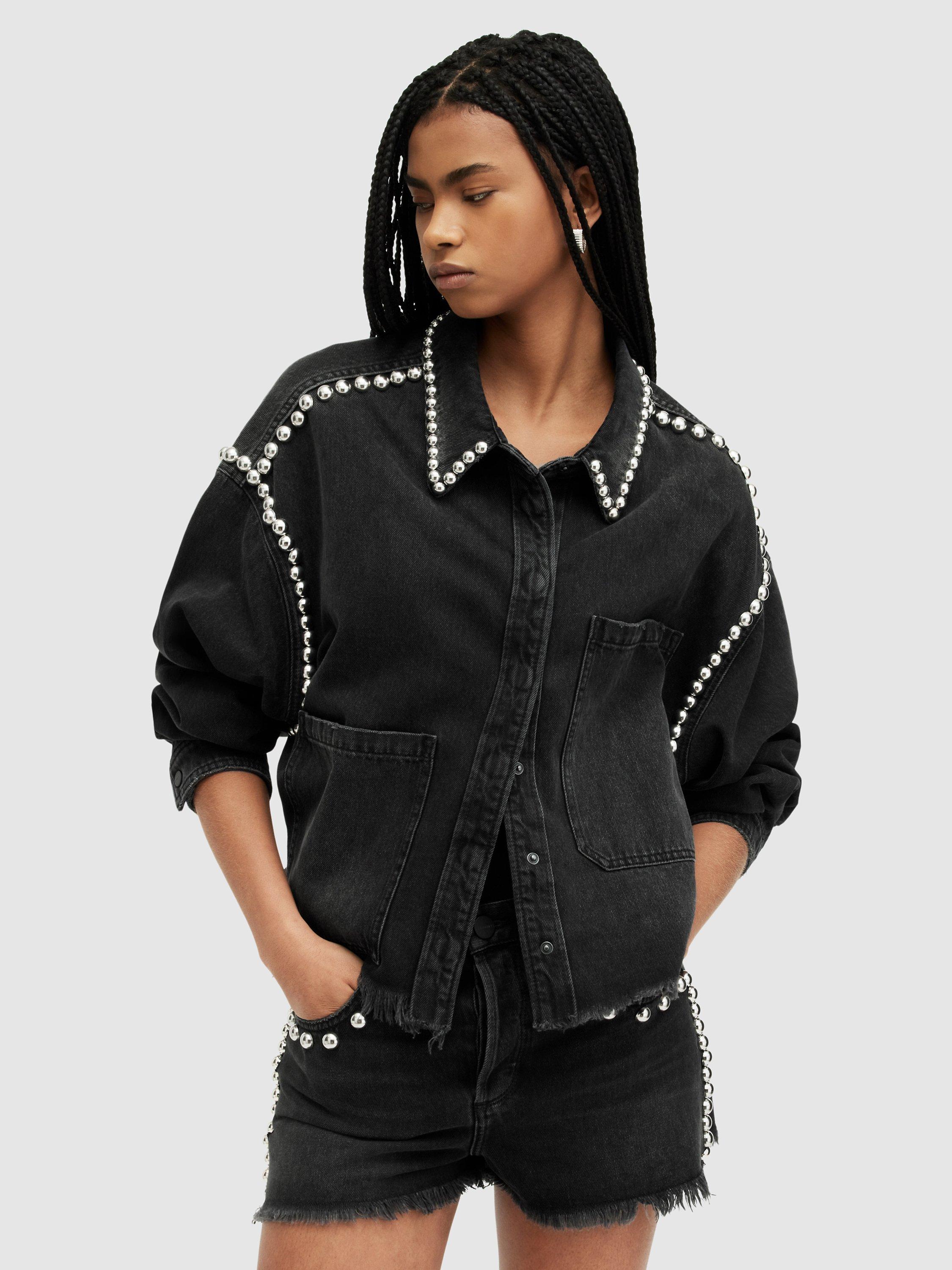 AllSaints Nicky Stud Denim Shirt, Washed Black