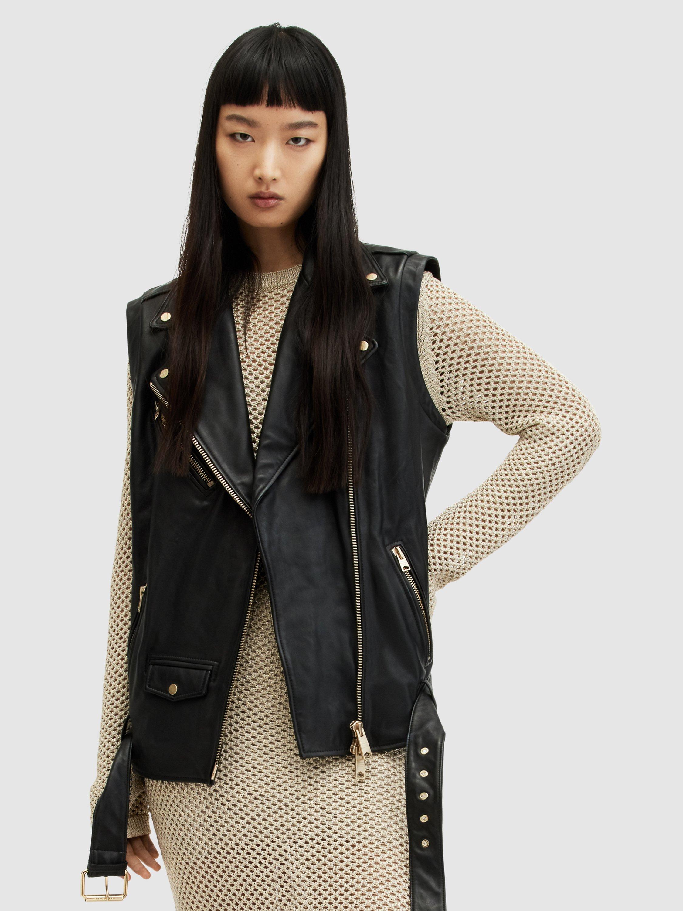 AllSaints Billie Leather Gilet, Black/Gold
