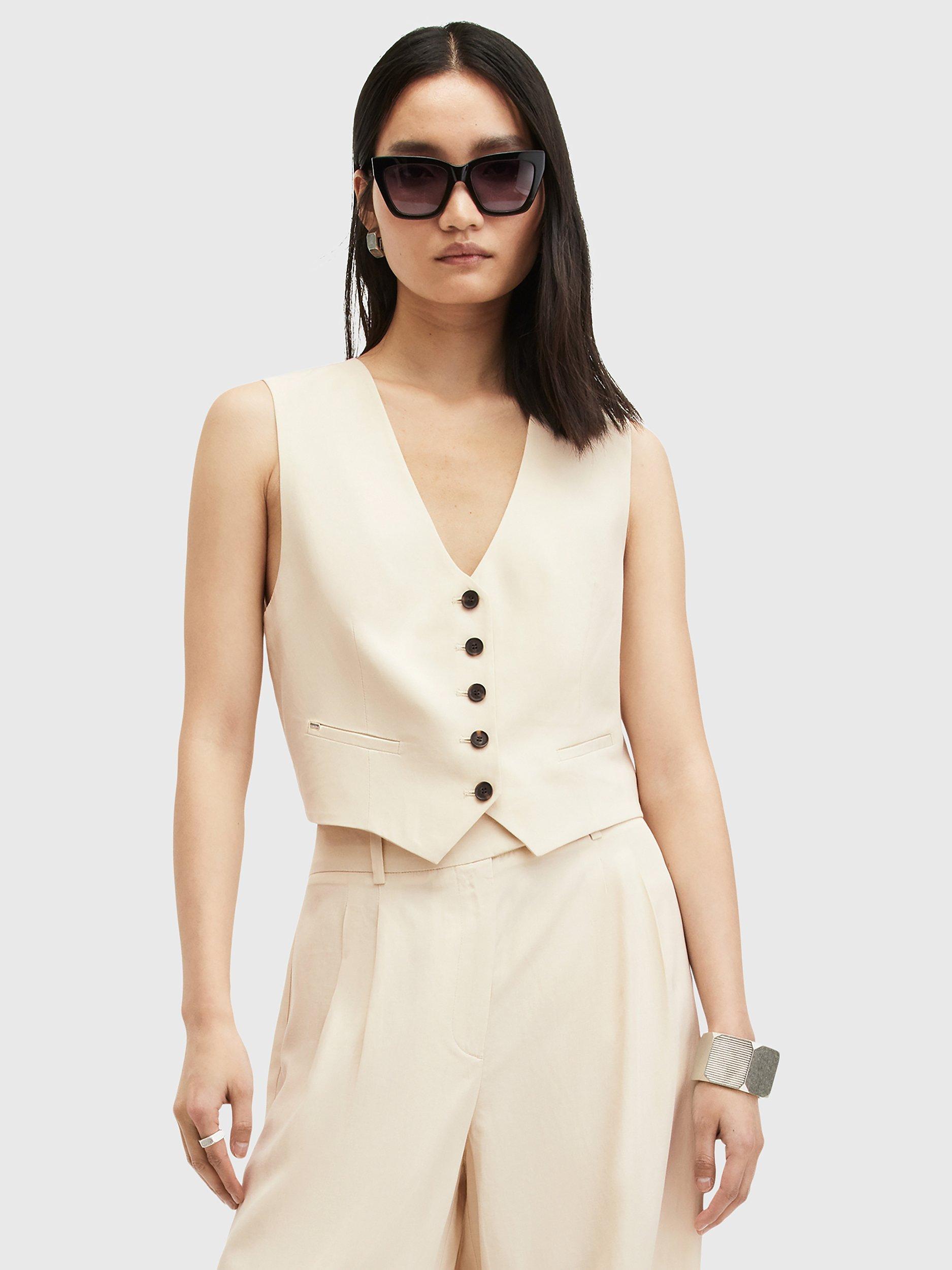 AllSaints Deri Lyn Linen Blend Waistcoat, Cream White