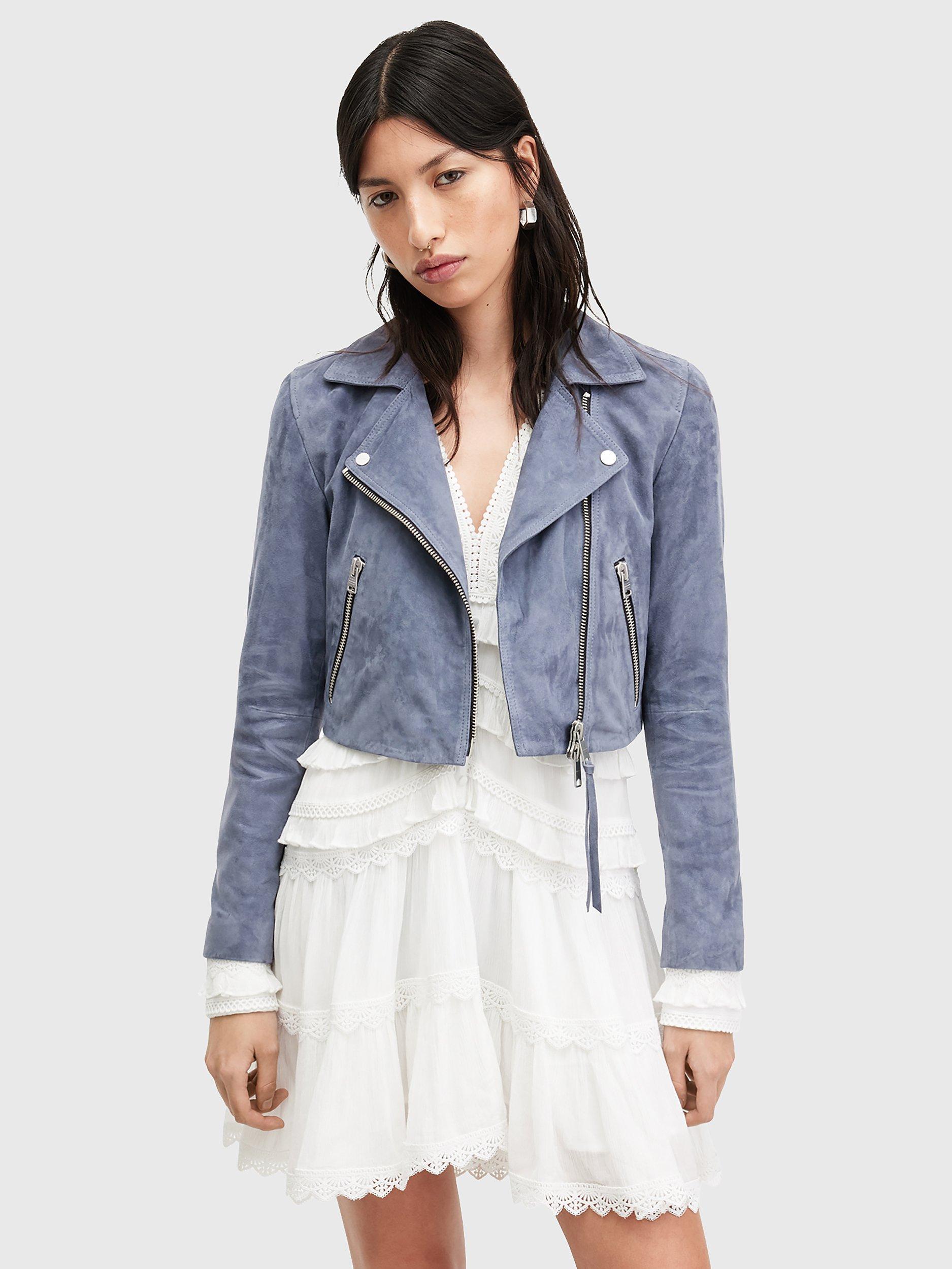 AllSaints Dalby Cropped Suede Biker Jacket, Pale Denim Blue