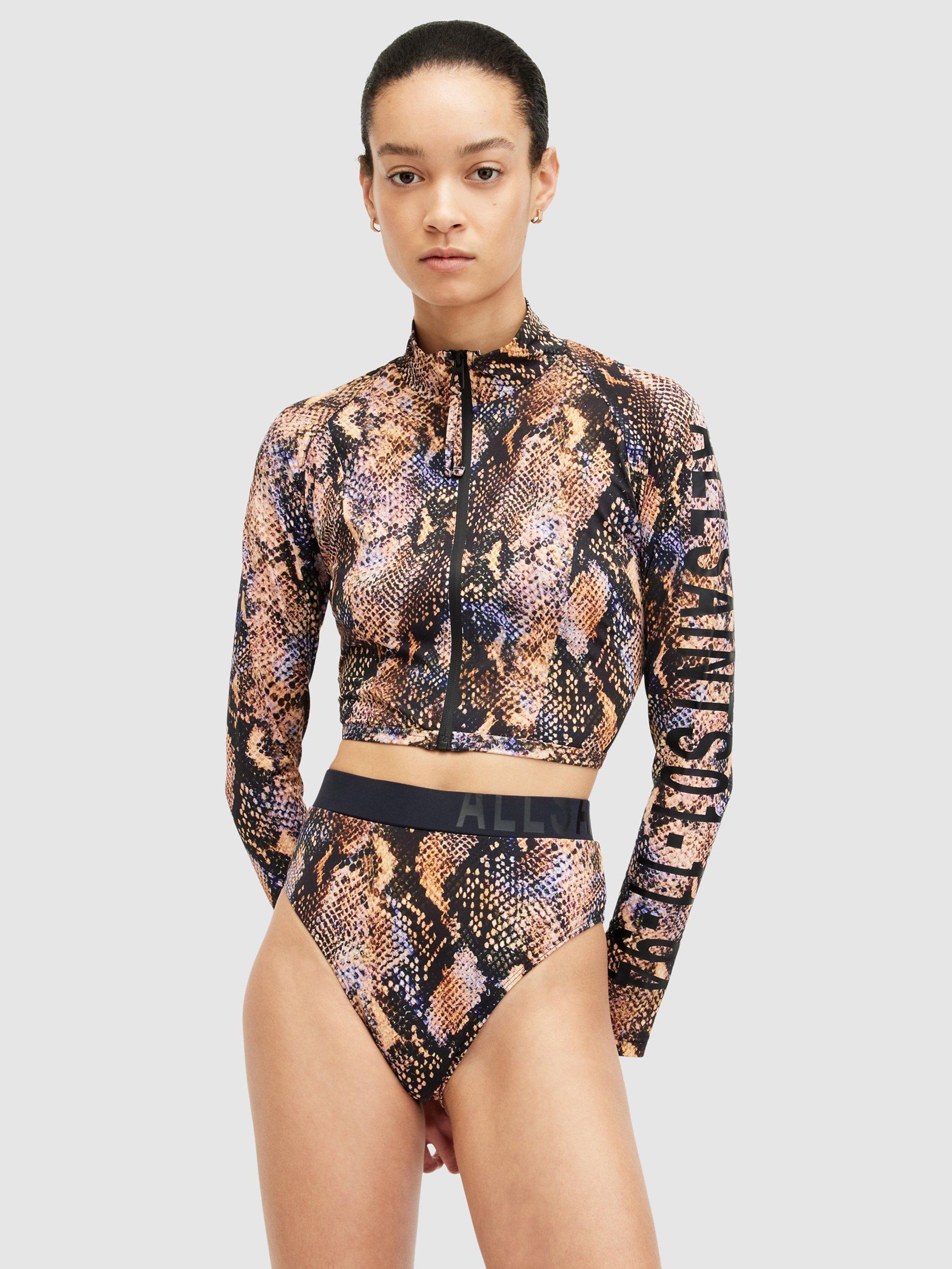 AllSaints Dara Snake Print High Waist Bikini Bottoms, Tahoe Brown/Multi