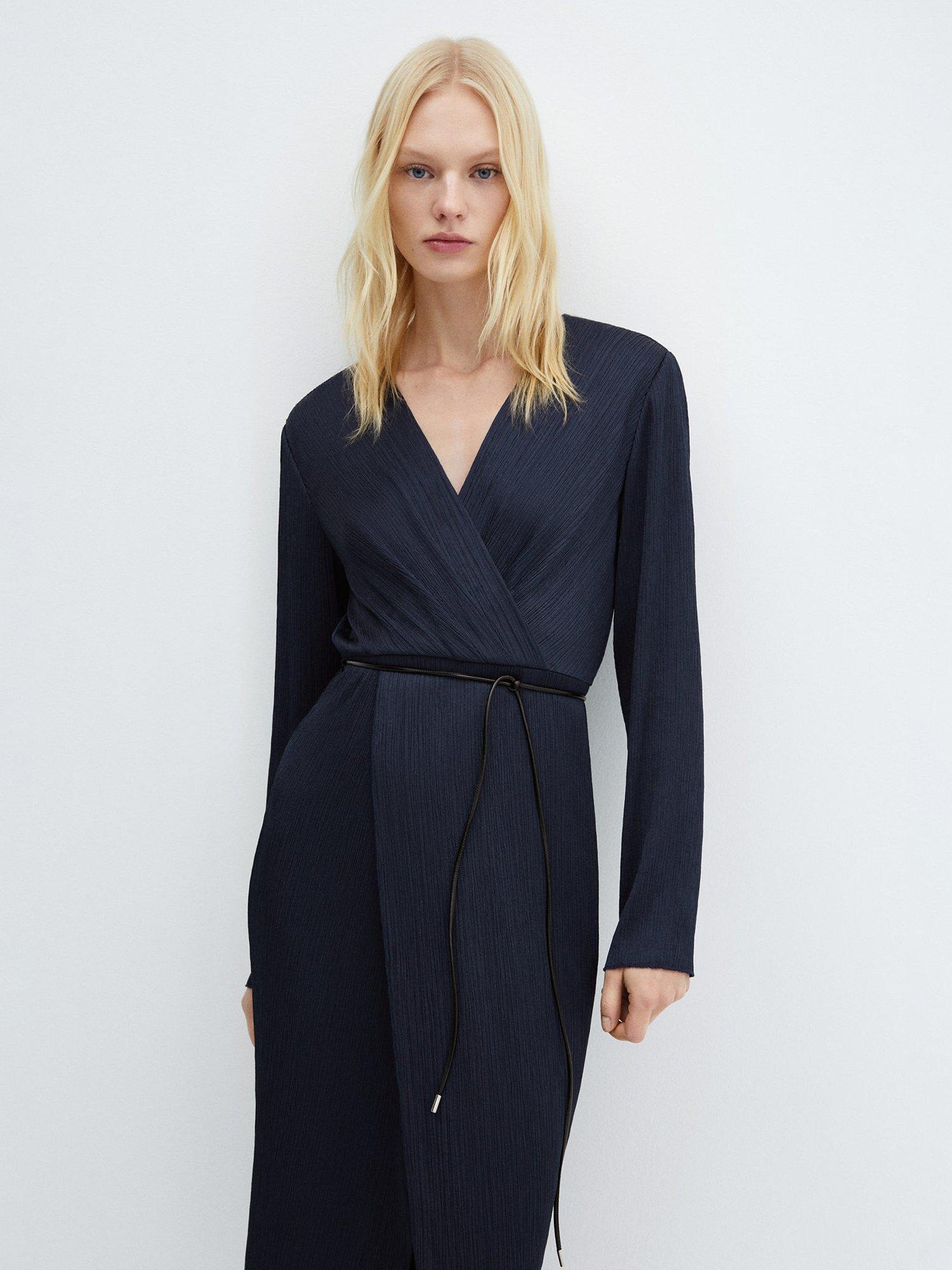 Mango Marykate Belt Wrap Midi Dress, Dark Blue