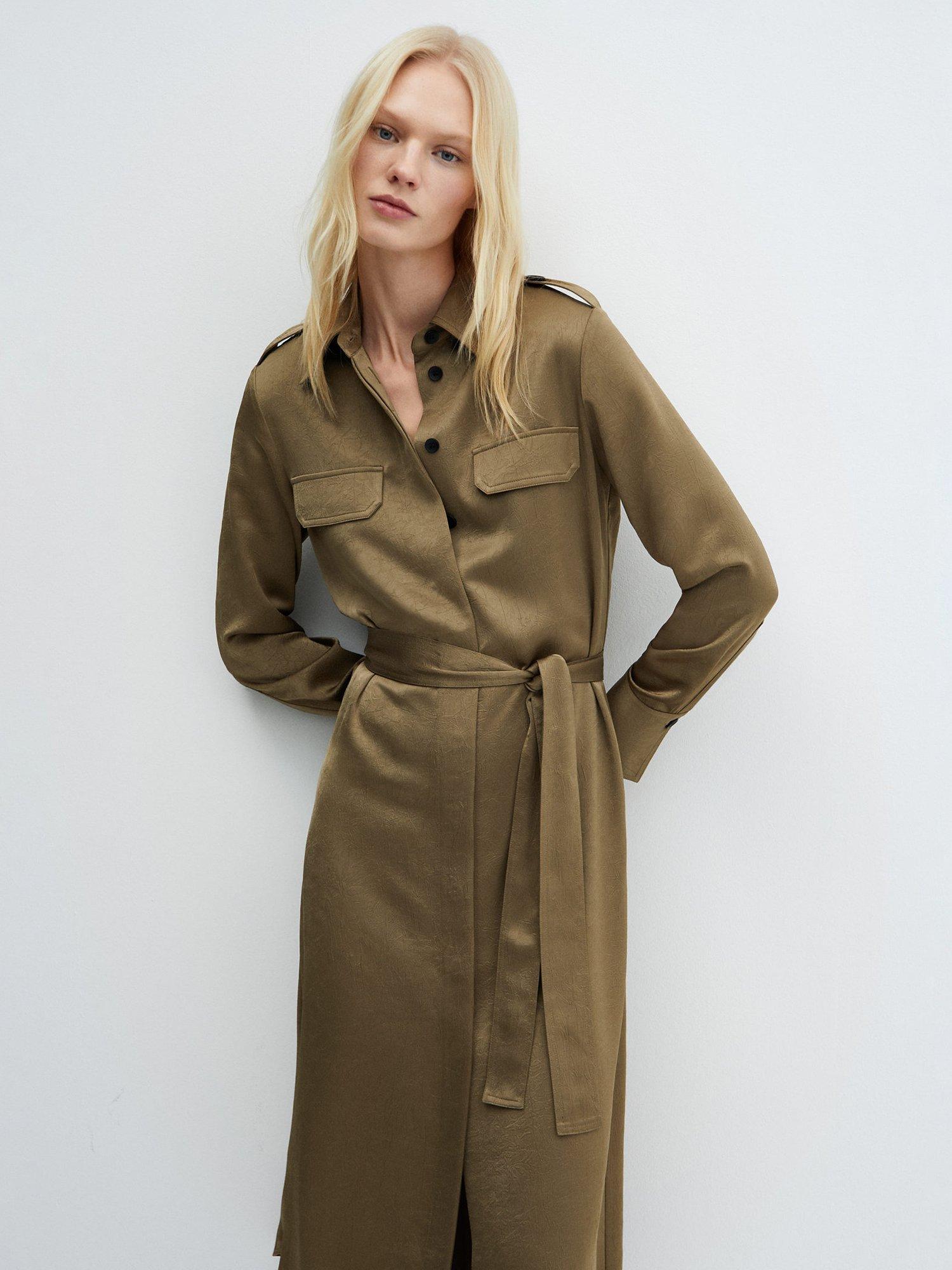 Mango Jana Satin Shirt Midi Dress, Khaki