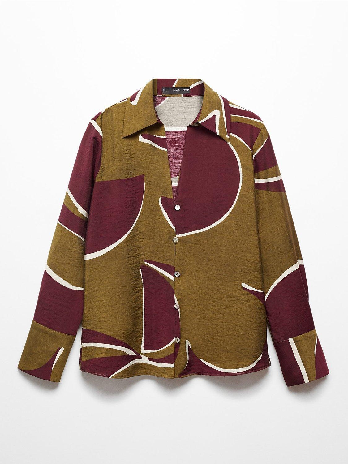 Mango Madie Abstract Print Shirt, Dark Red/Khaki