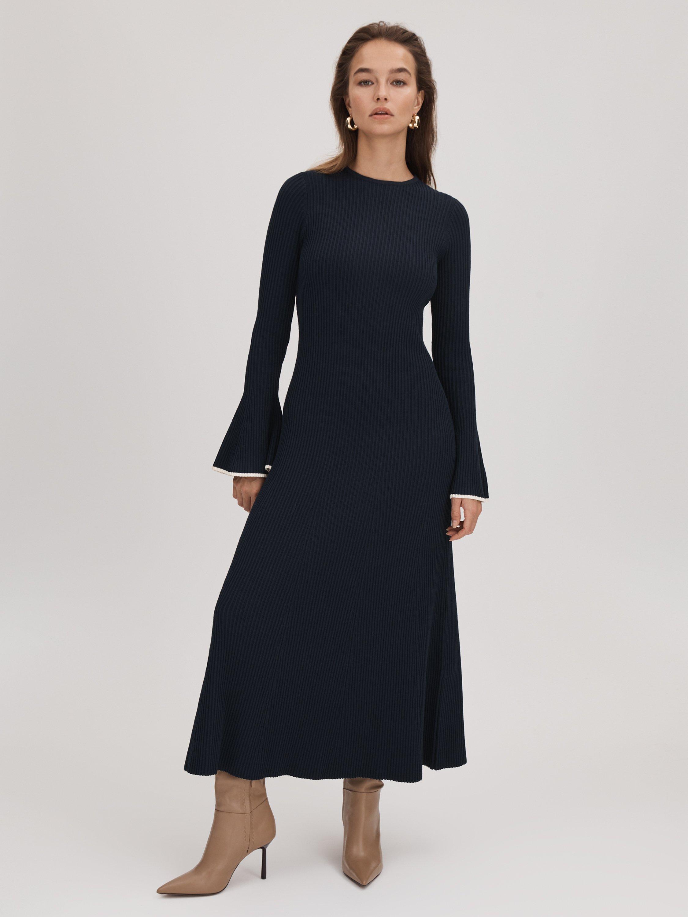 FLORERE Fluted Cuff Knit Midi Dress, Navy