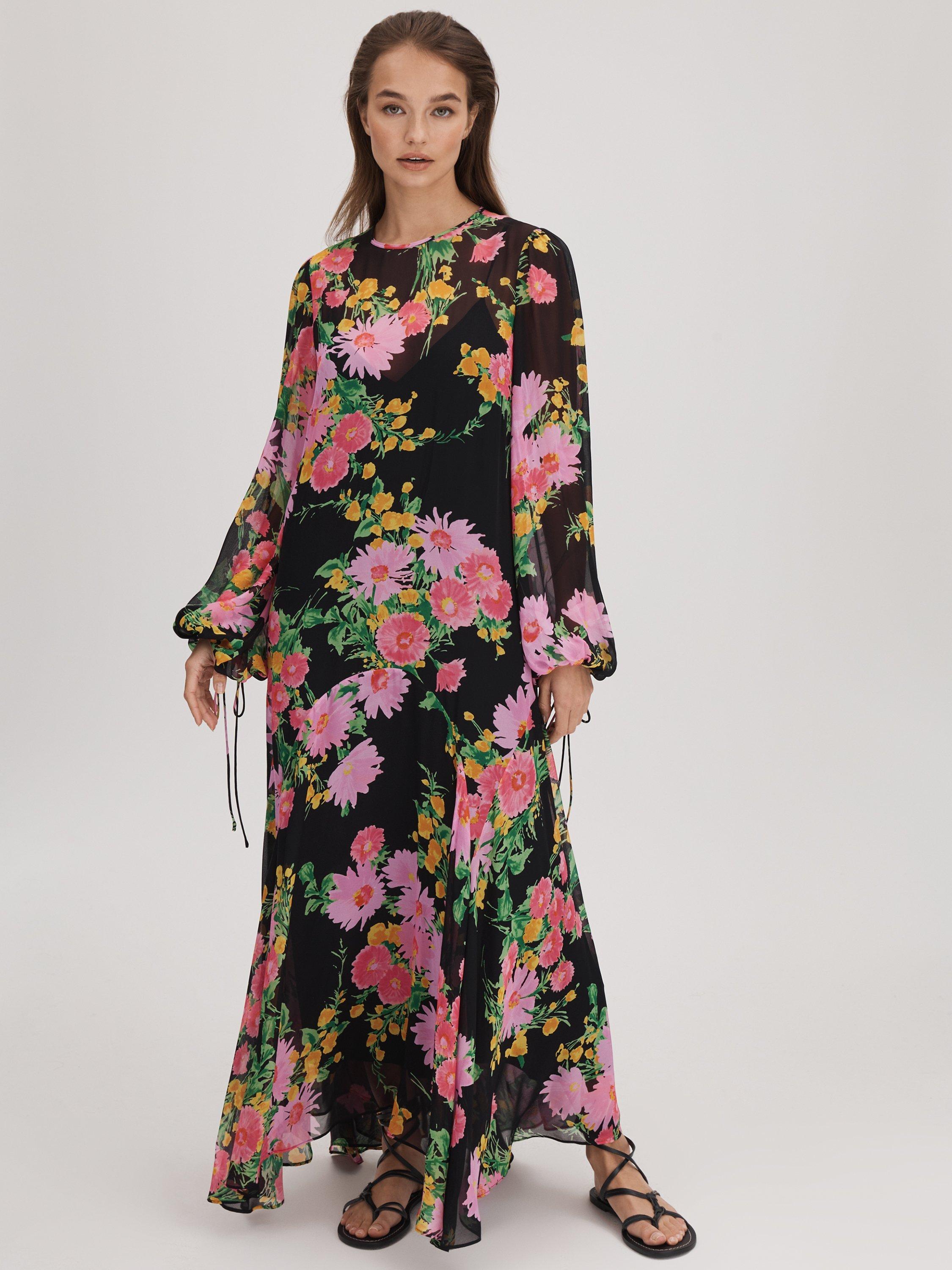 FLORERE Sheer Asymmetric Maxi Dress, Pink/Black