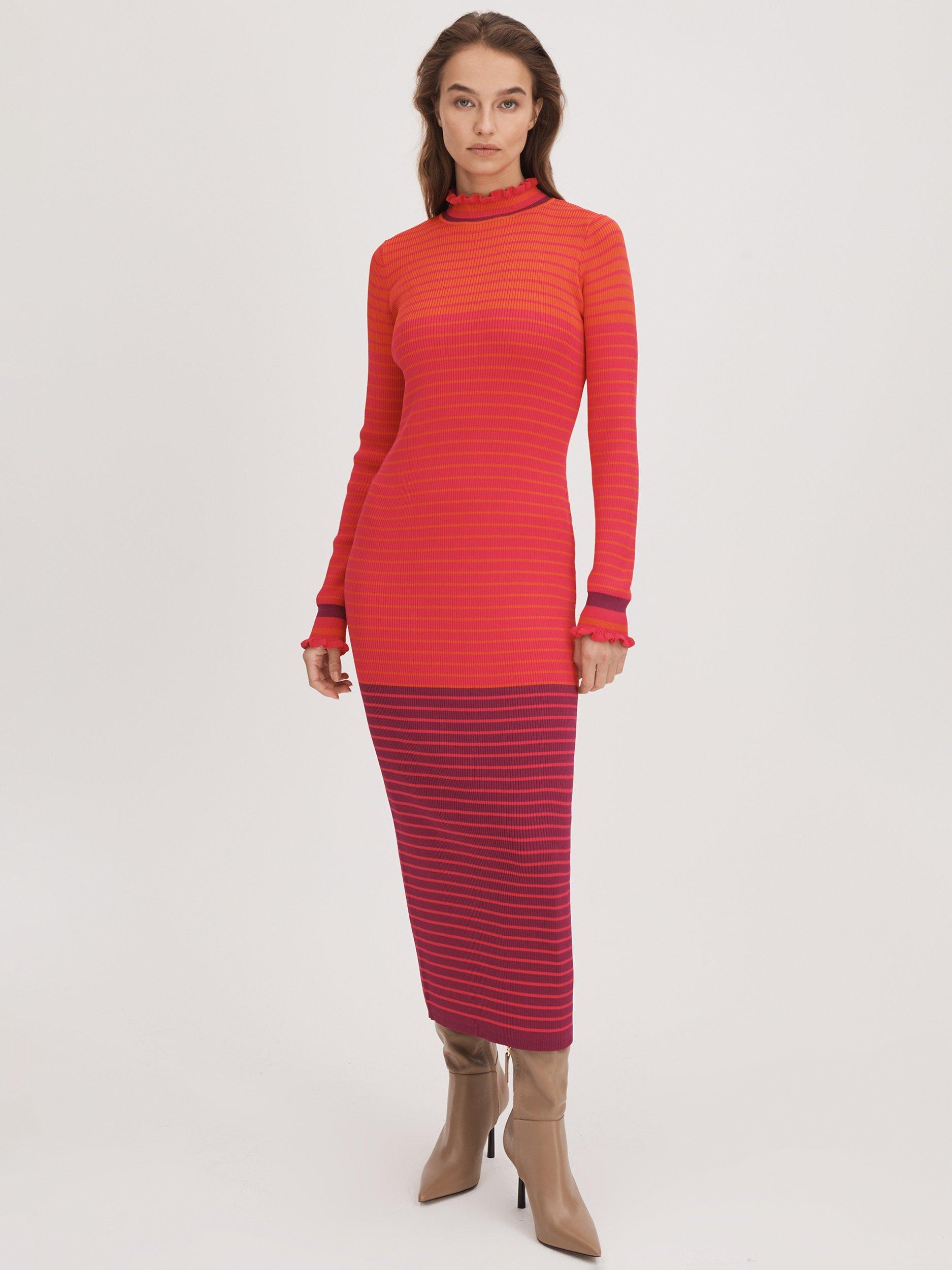 FLORERE Frill Detail Stripe Midi Dress, Multi
