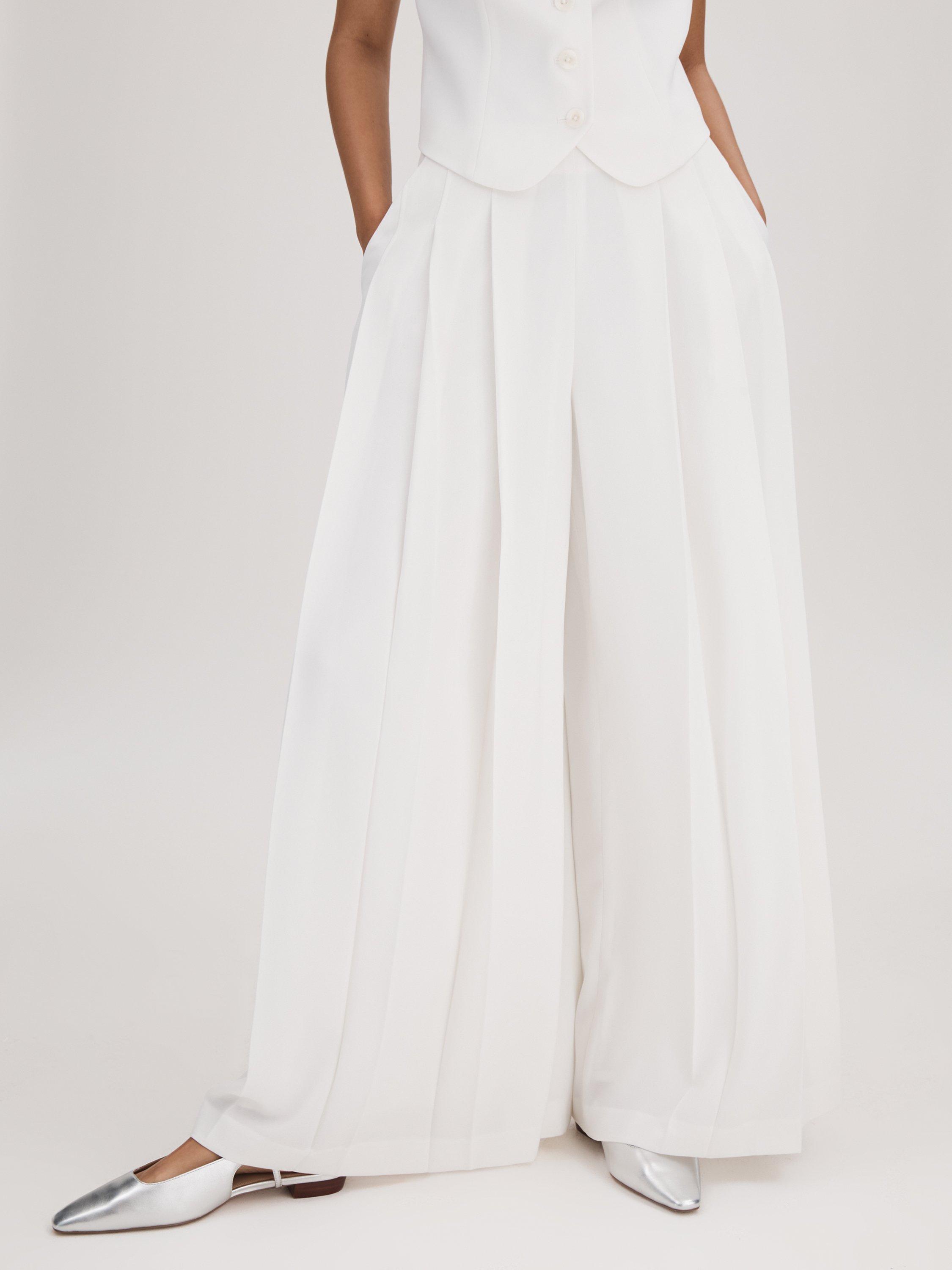 FLORERE Deep Pleat Extra Wide Leg Trousers, Ivory