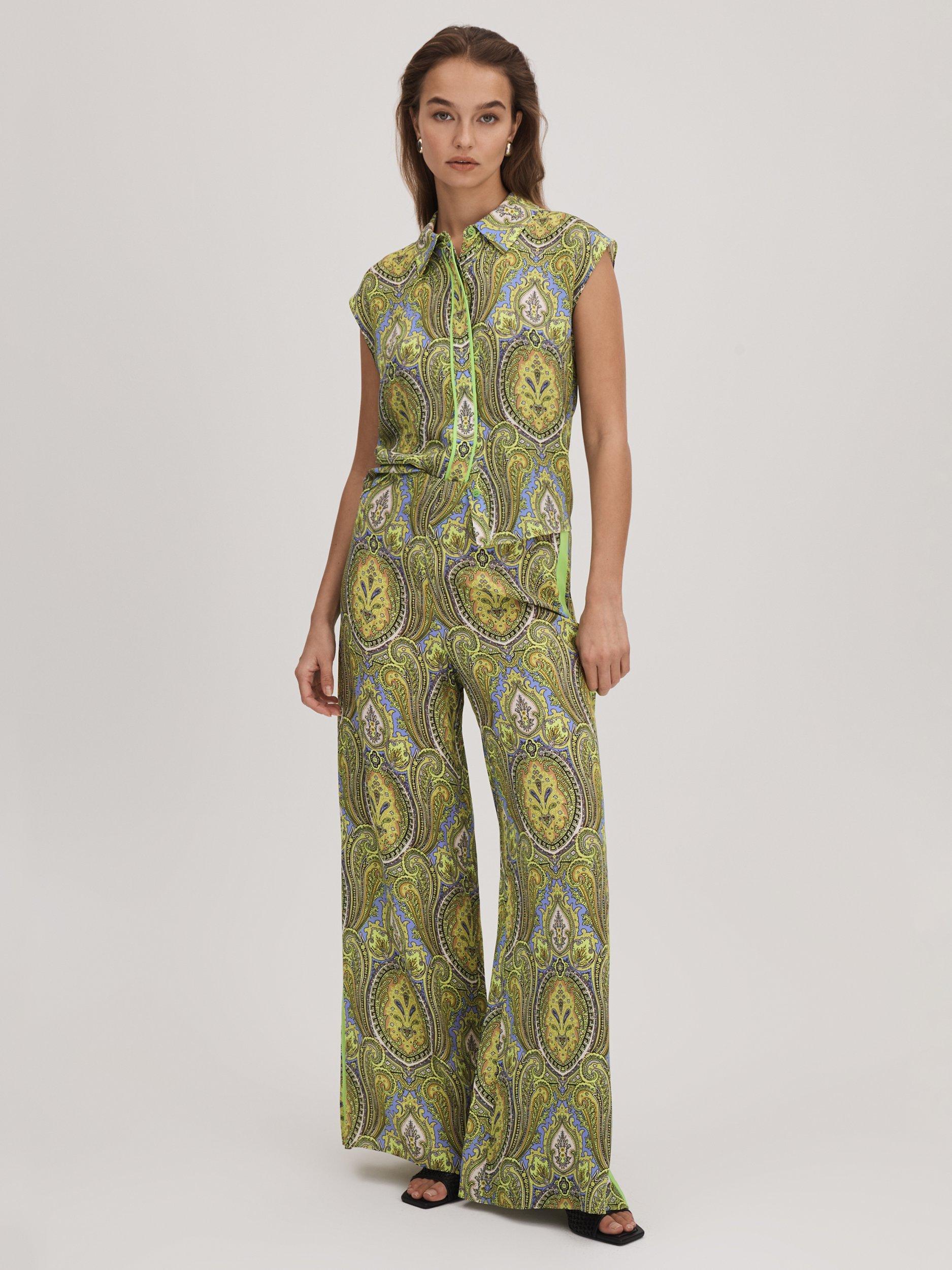 FLORERE Paisley Print Wide Leg Trousers, Lime Green/Multi, 8