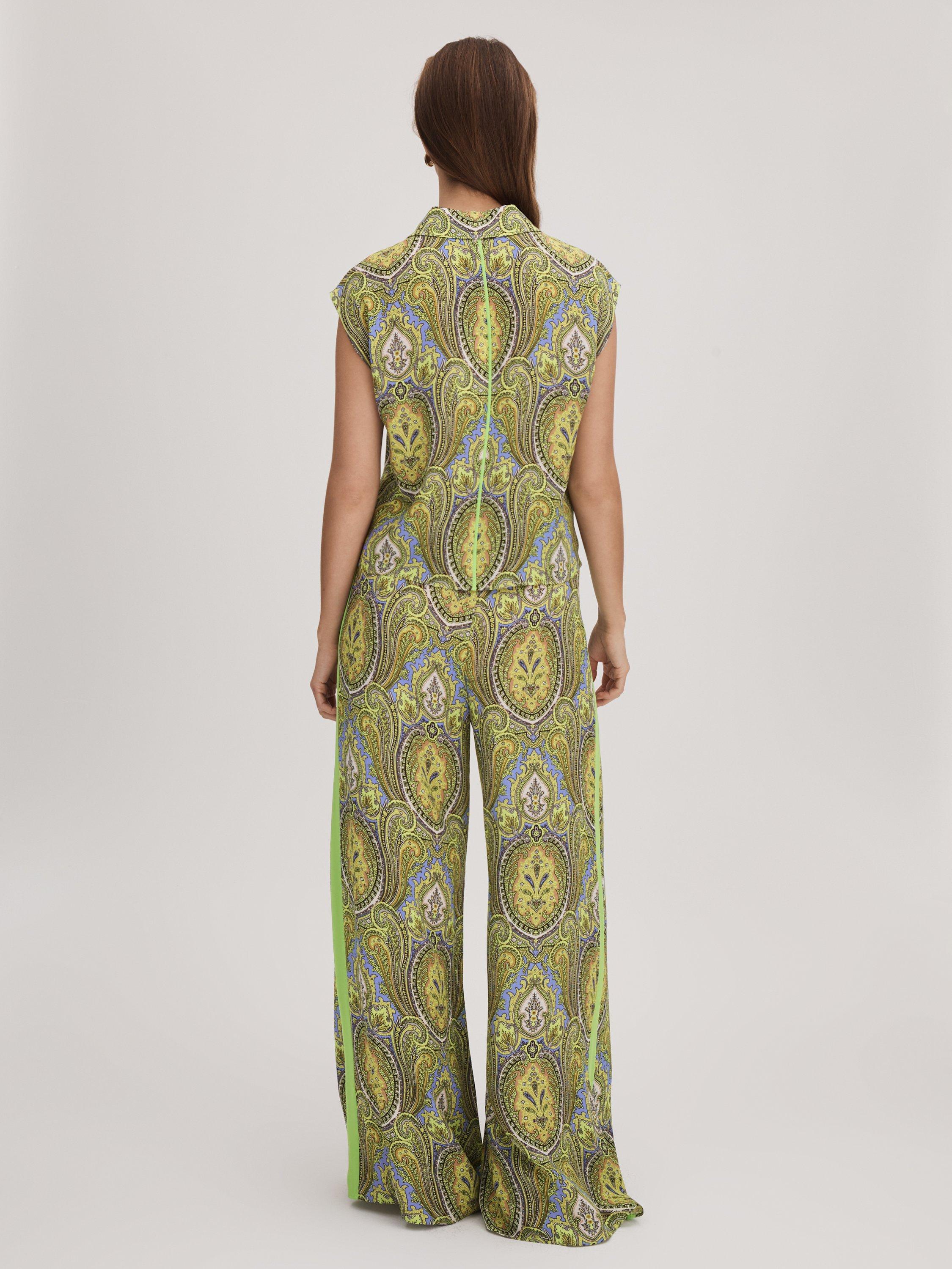 FLORERE Paisley Print Wide Leg Trousers, Lime Green/Multi, 8