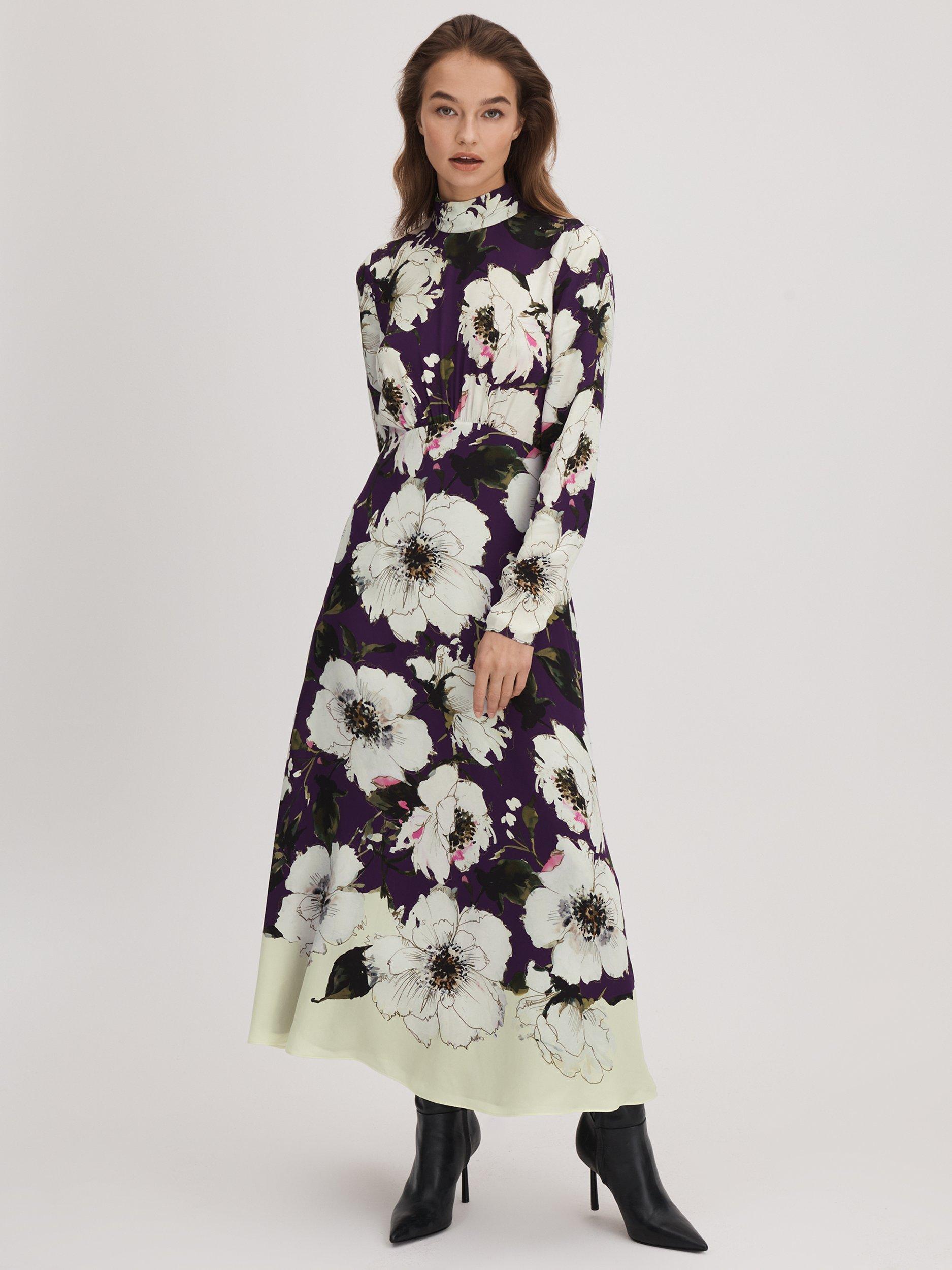 FLORERE Floral Zip Cuff Midi Dress, Blue/Khaki