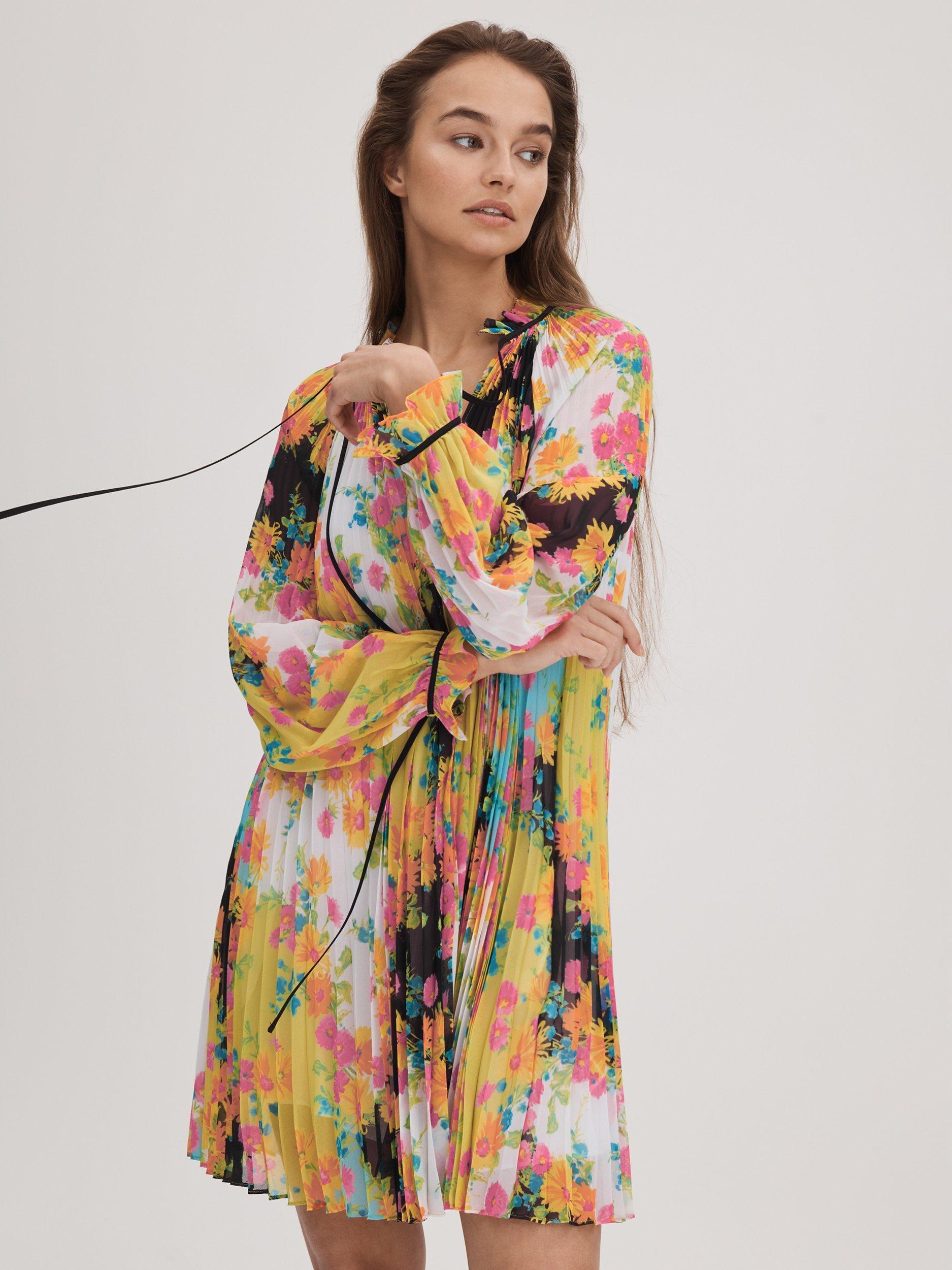 FLORERE Floral Print Pleated Mini Swing Dress, Multi