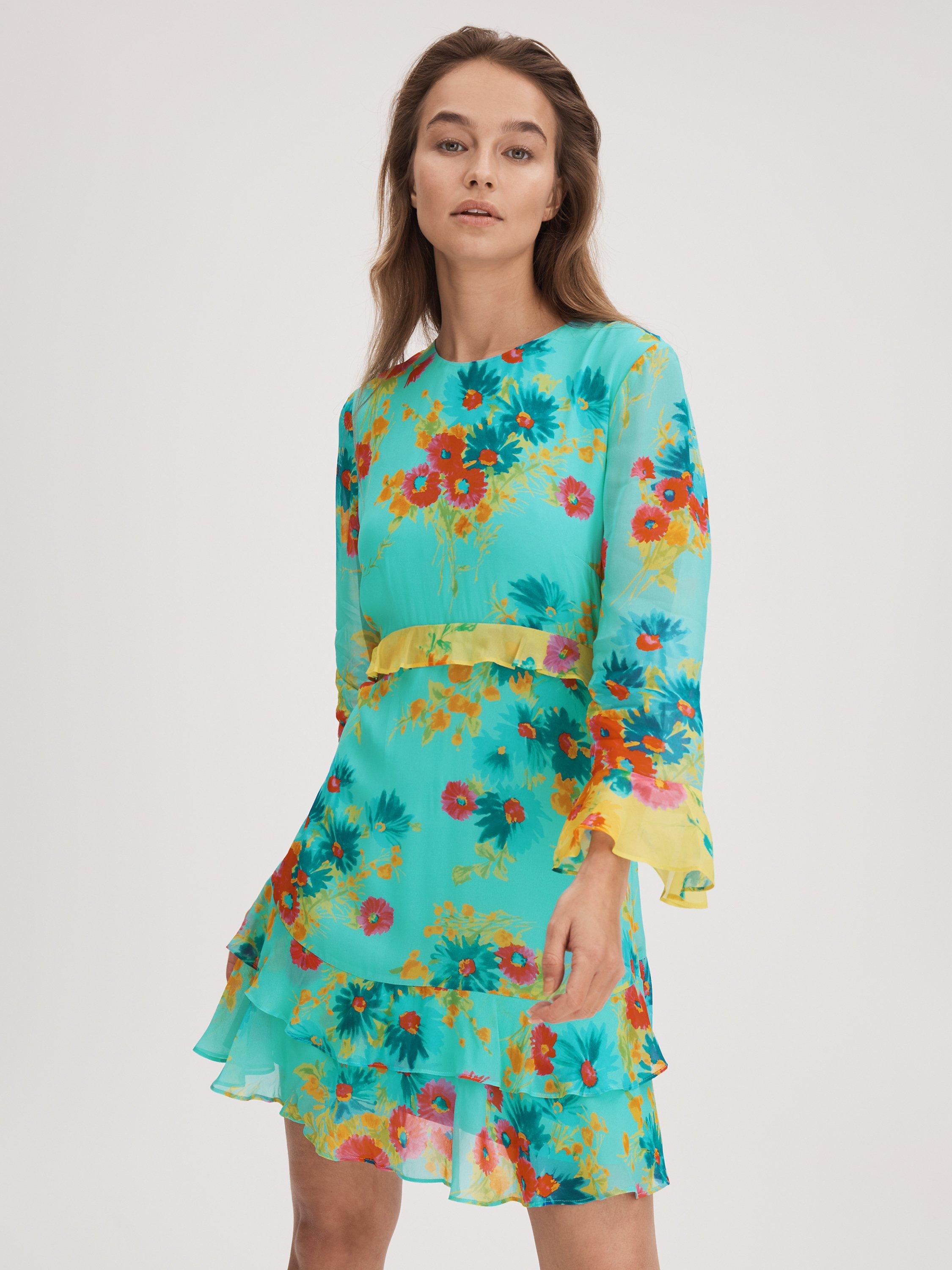 FLORERE Ruffle Contrast Mini Dress, Turquoise/Multi