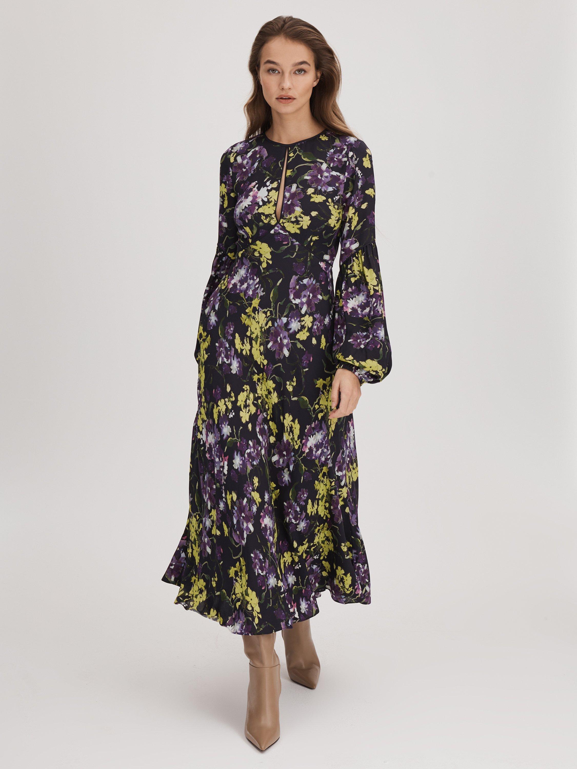 FLORERE Floral Print Blouson Sleeve Midi Dress, Black/Multi