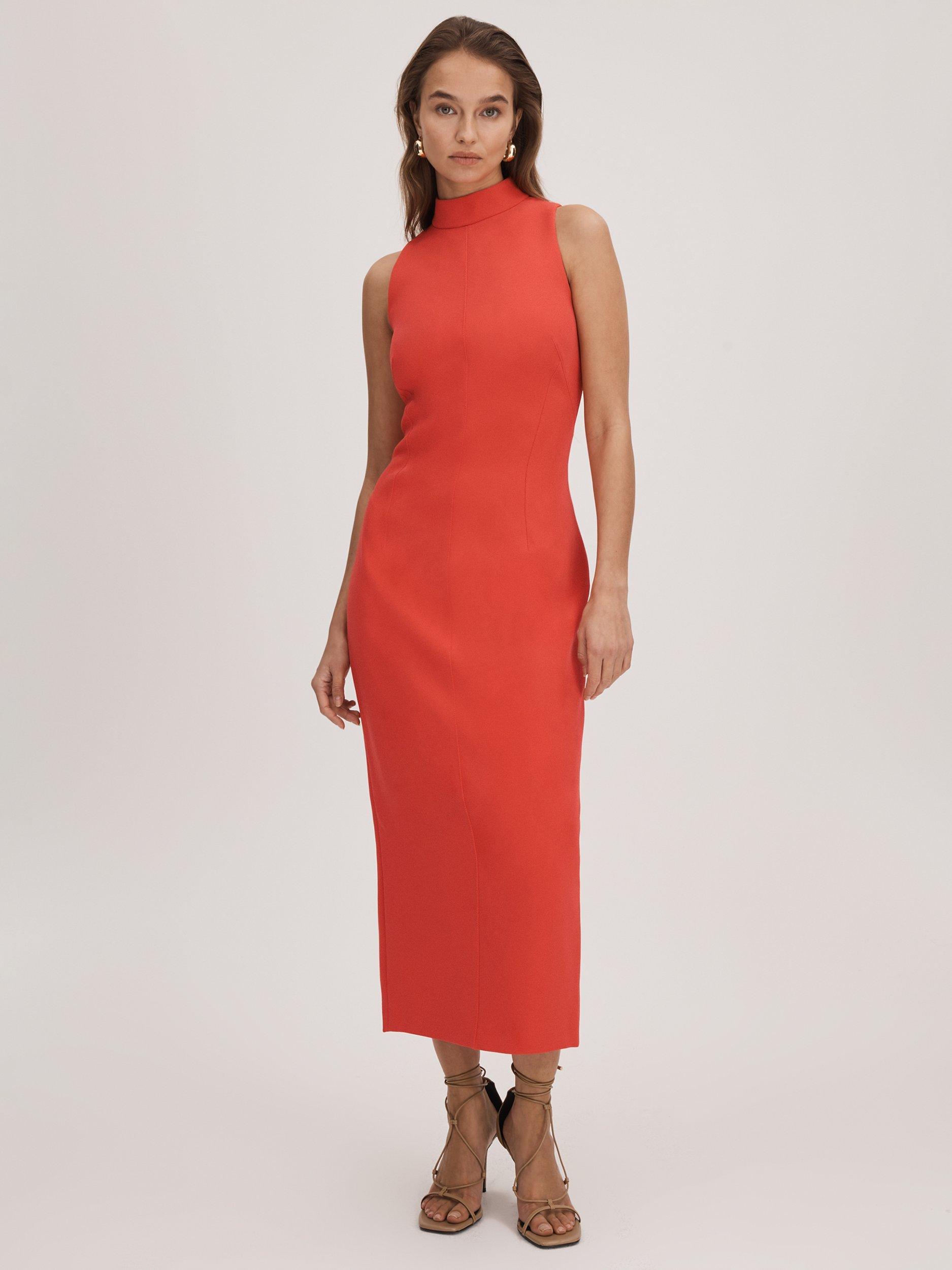 FLORERE High Neck Bodycon Midi Dress, Deep Coral