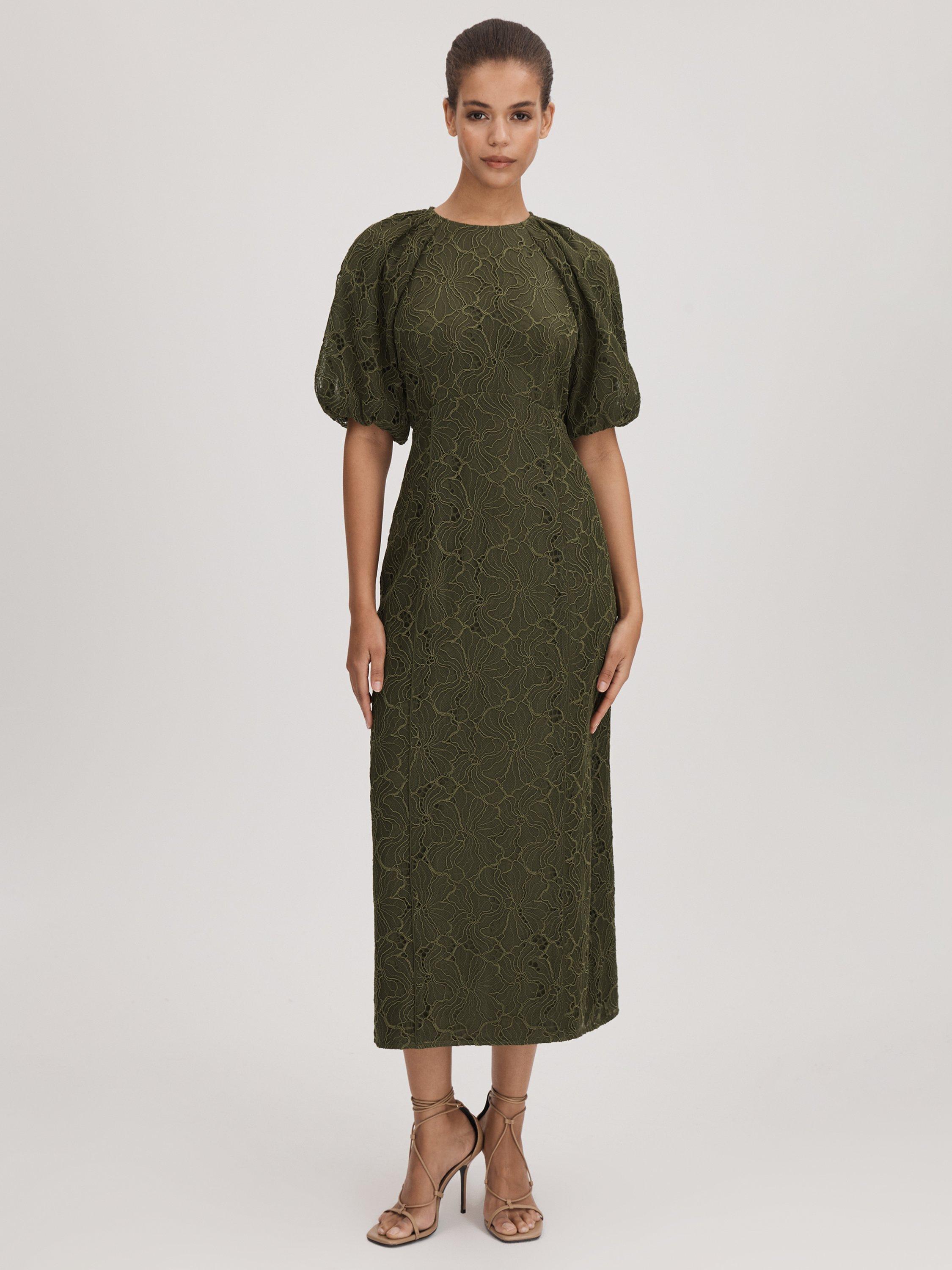 FLORERE Corded Lace Puff Sleeve Midi Dress, Dark Khaki