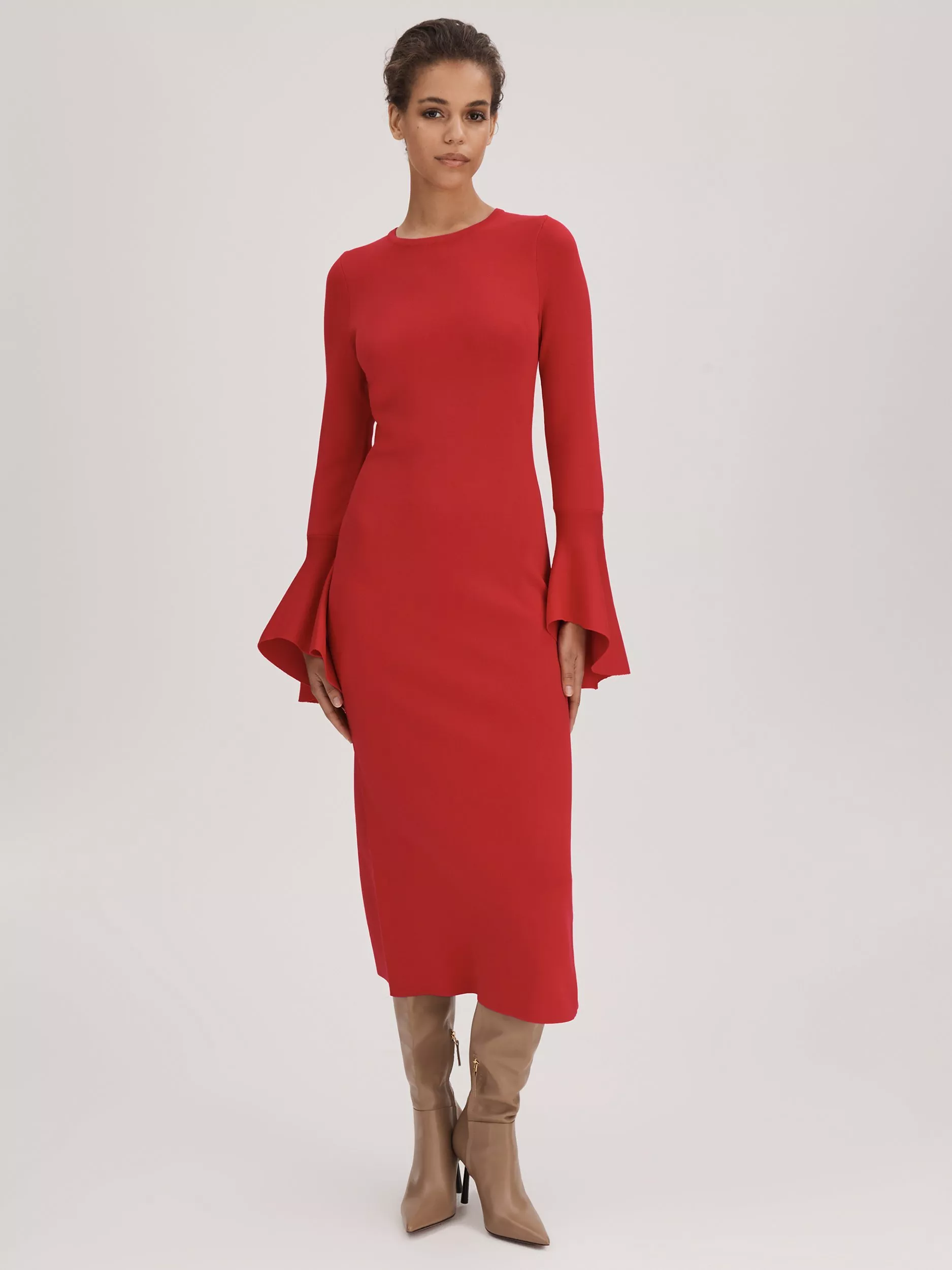 FLORERE Fluted Cuff Midi Dress Deep Coral