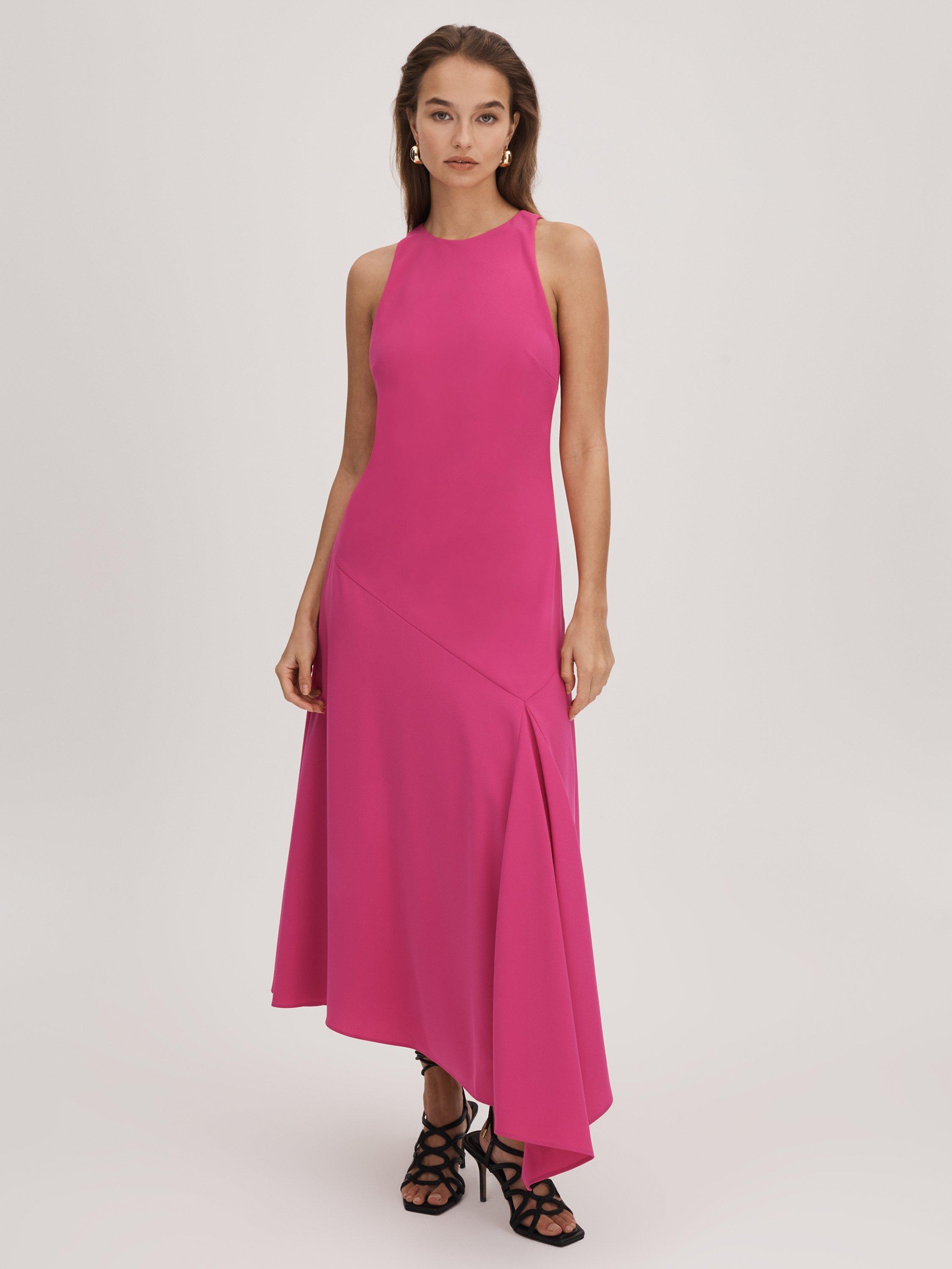 FLORERE Asymmetric Hem Midi Dress, Deep Pink