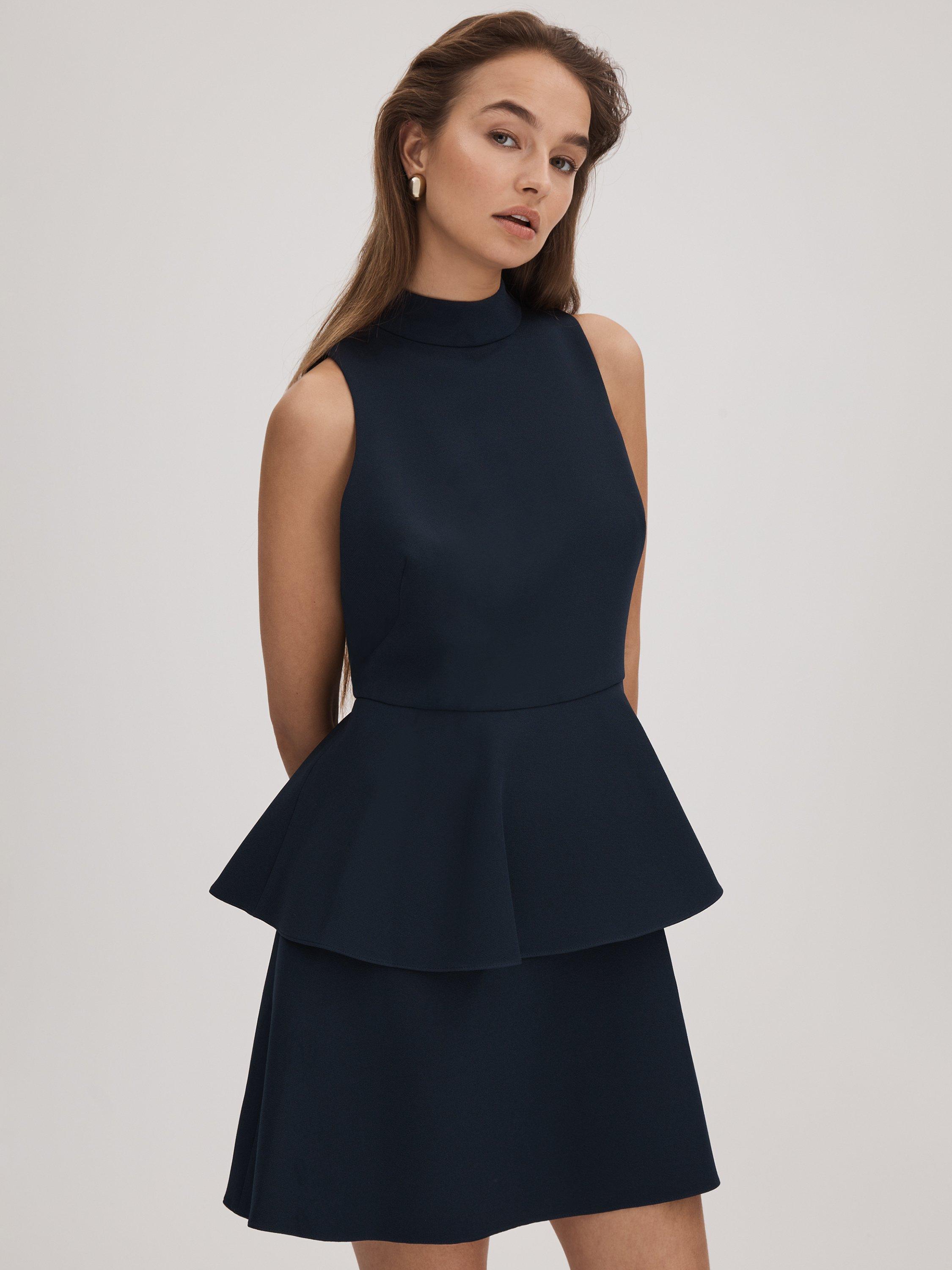 FLORERE High Neck Tiered Mini Dress, Navy