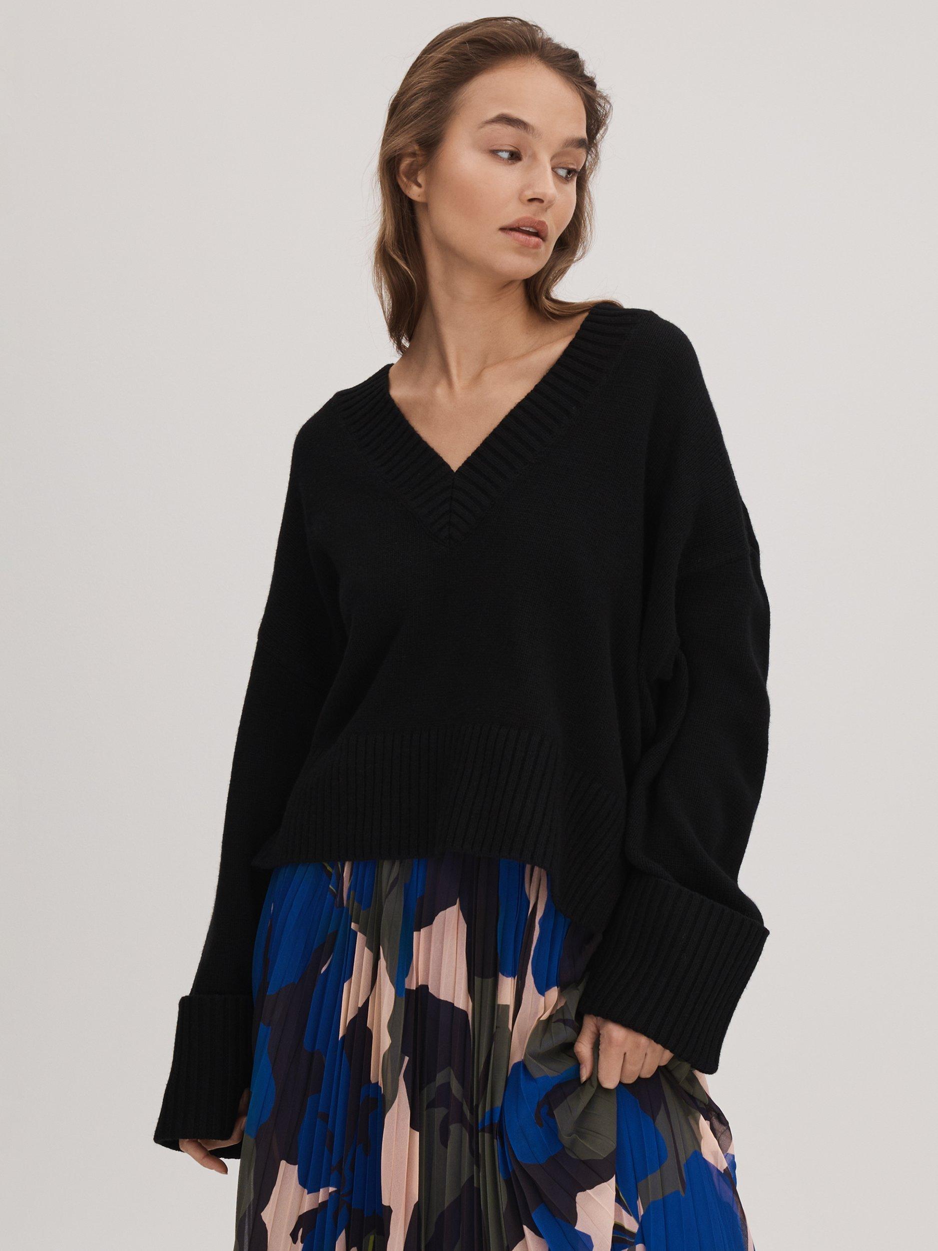 FLORERE Wool Blend Oversized V-Neck Jumper, Black
