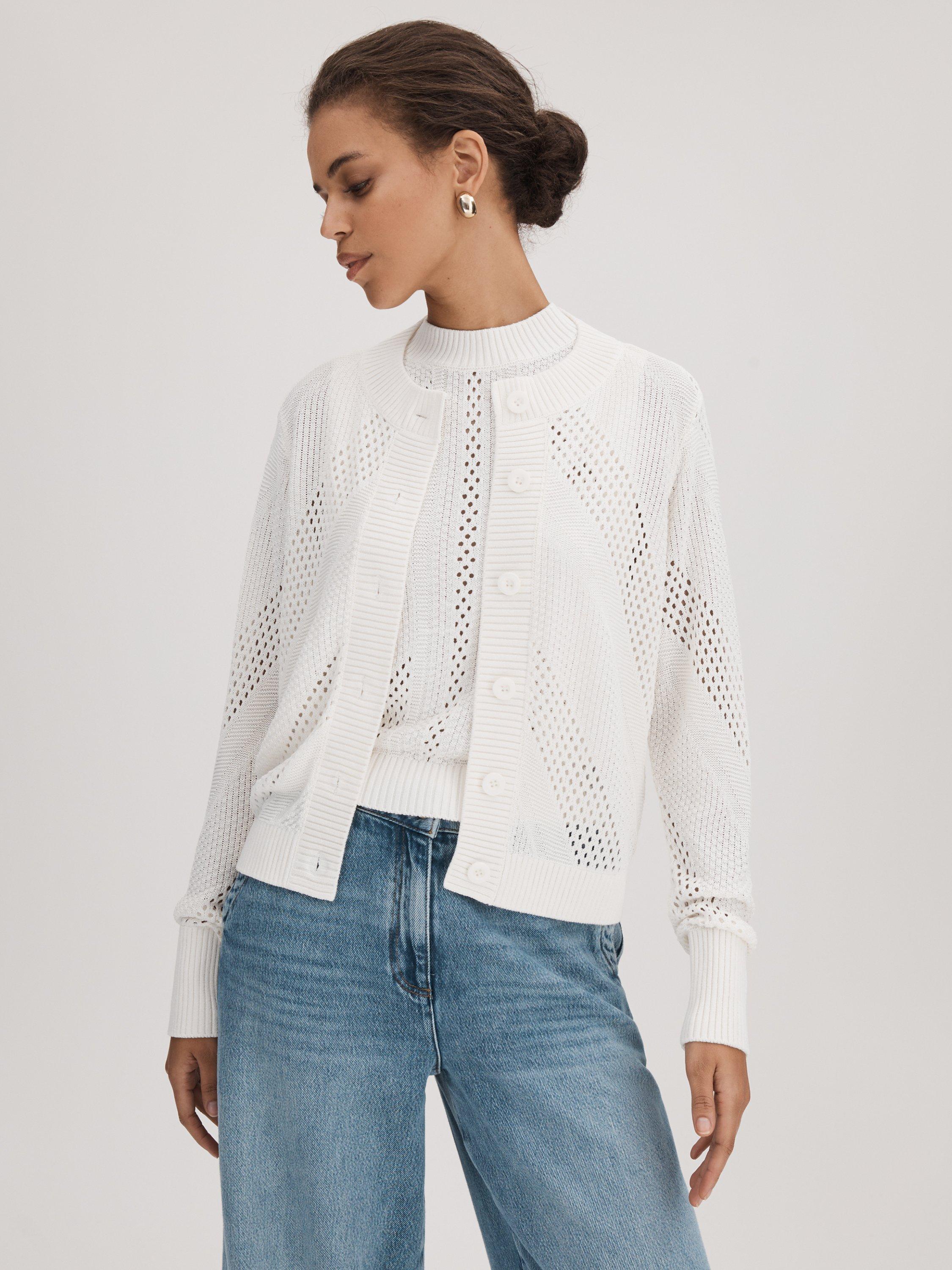 FLORERE Crochet Detail Cardigan, Ivory