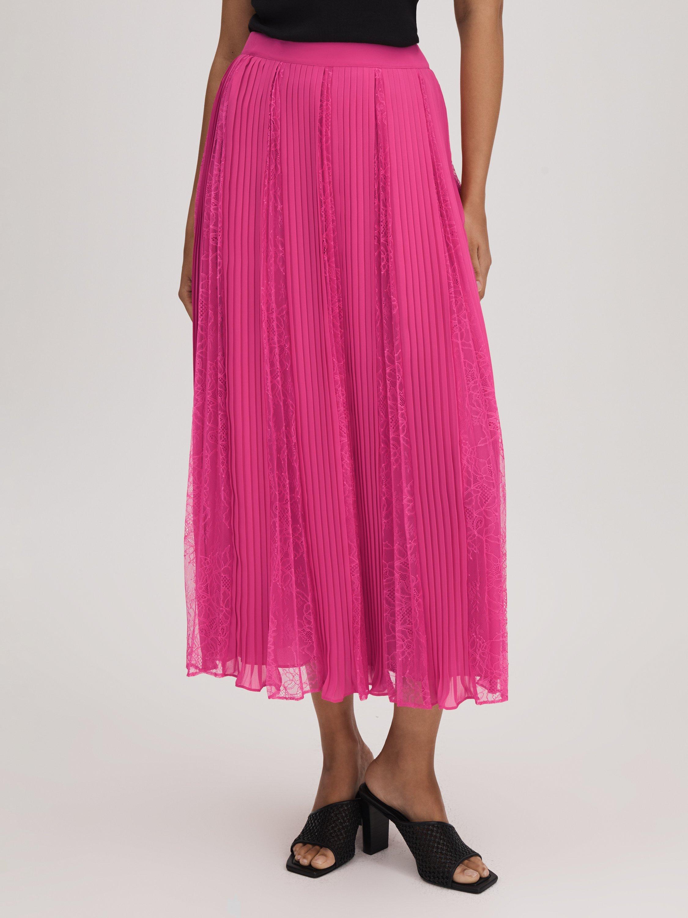 FLORERE Lace Insert Pleated Midi Skirt Bright Pink