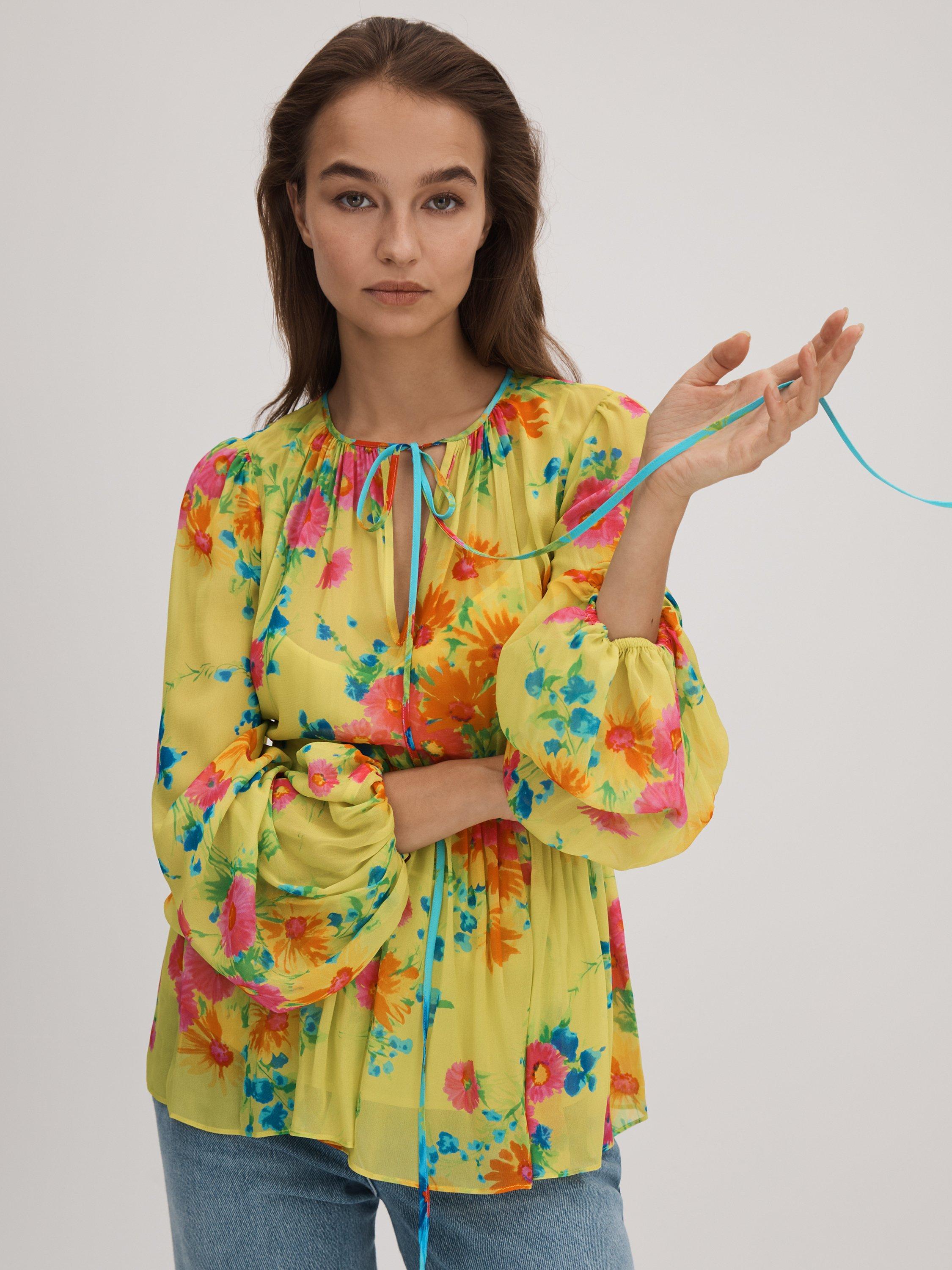 FLORERE Floral Tie Neck Blouse, Lime/Multi
