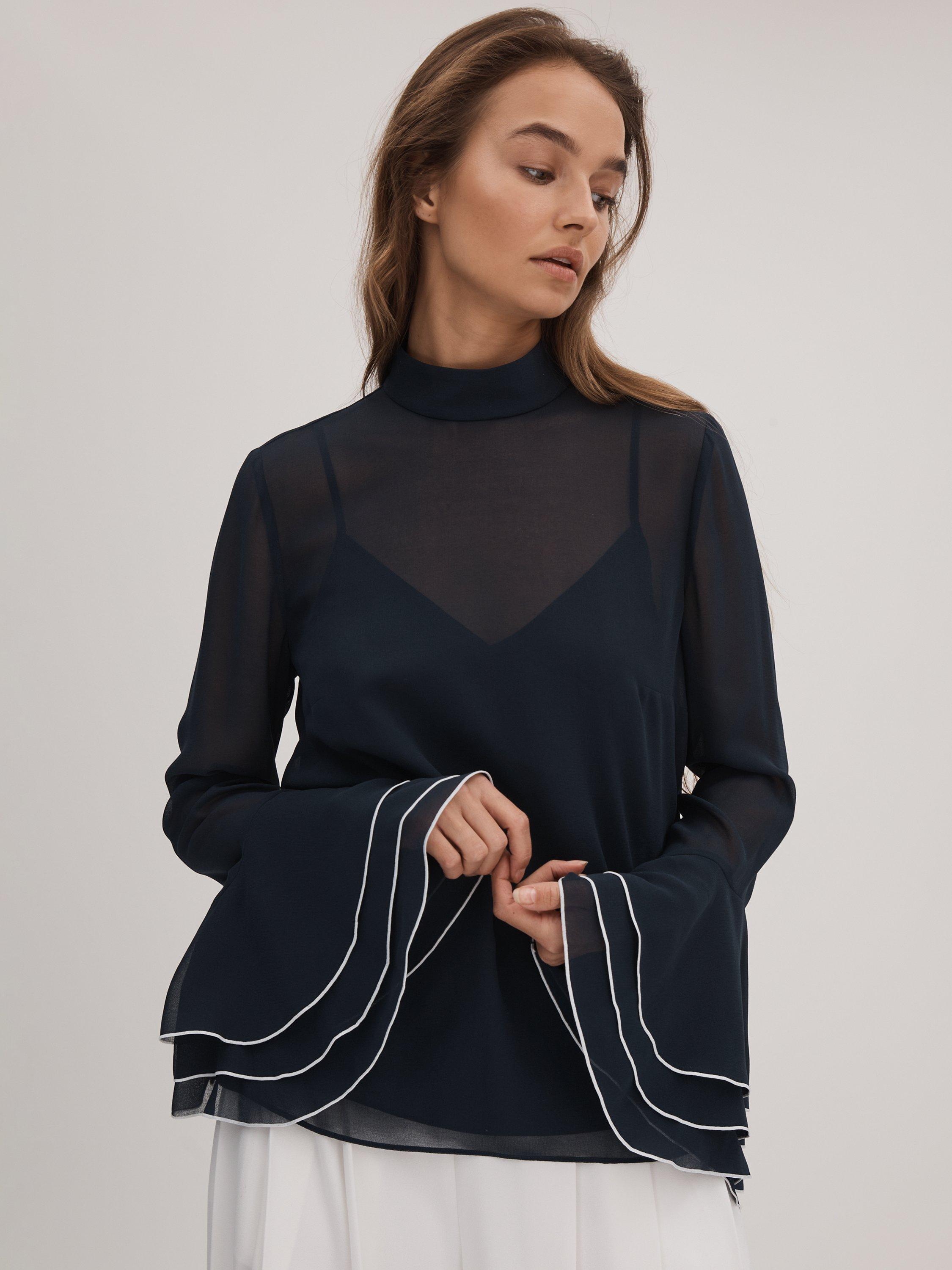 FLORERE High Neck Contrast Trim Fluted Cuff Blouse, Navy