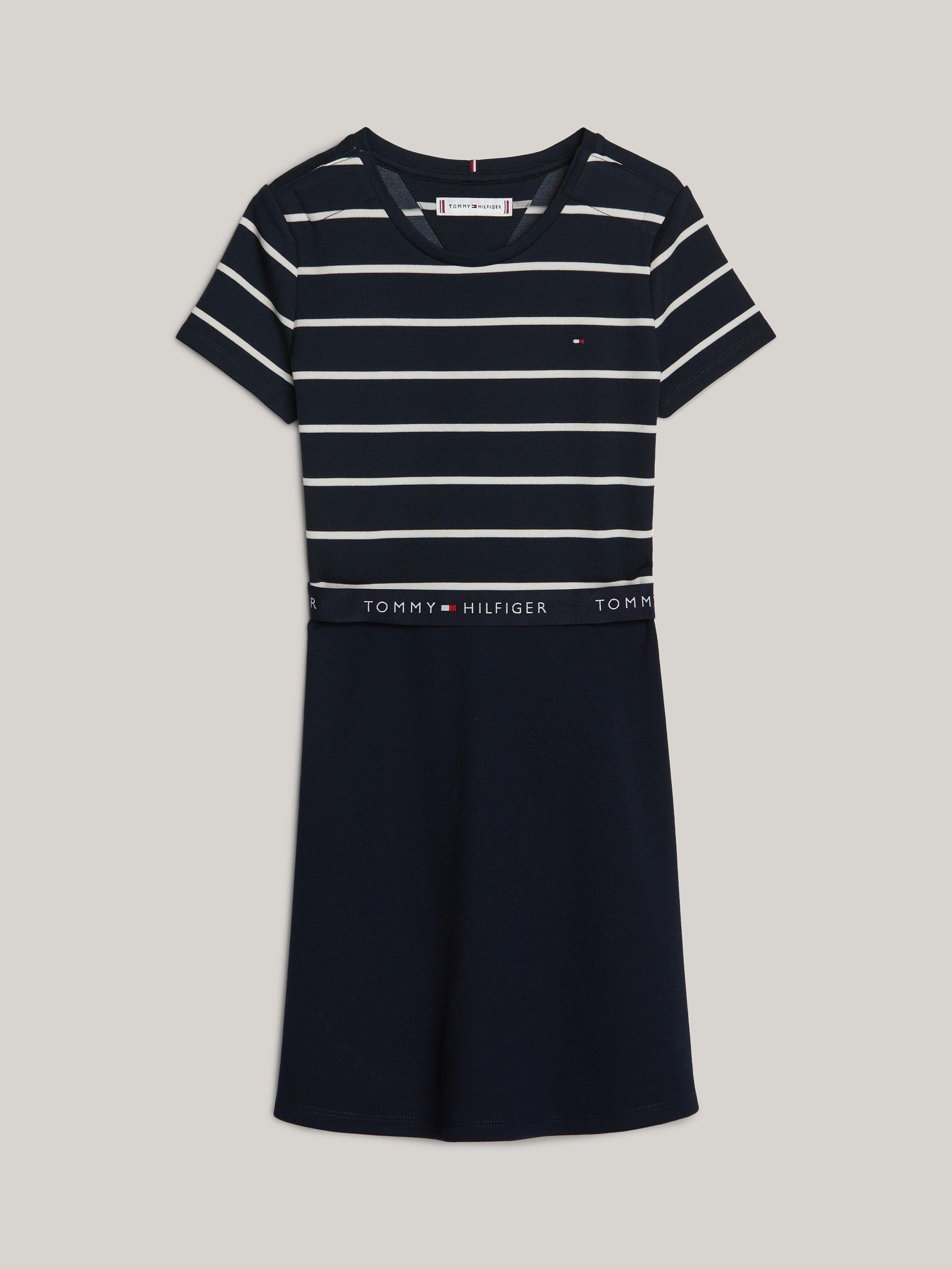 Tommy Hilfiger Kids' Adaptive Logo Stripe Skater Dress, Desert Sky